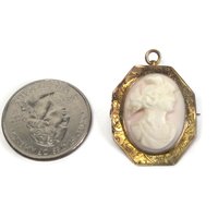 Antique 10K Carved Pink Cameo Brooch Pendant