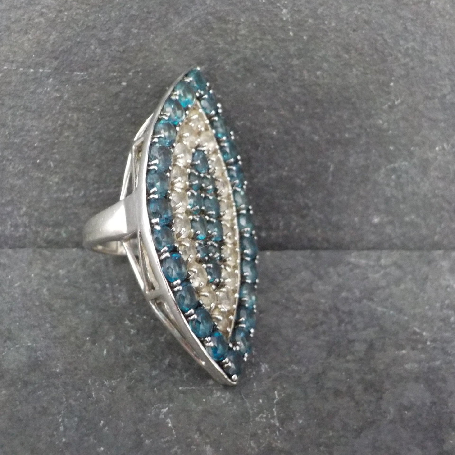 Large Sterling Silver Blue & White Topaz Eye Ring Size 6
