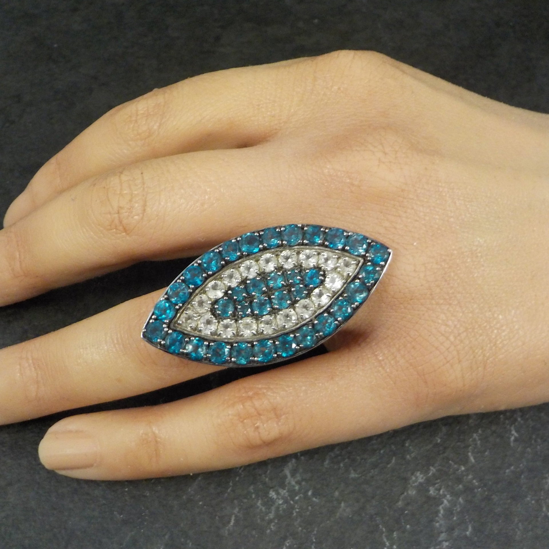 Large Sterling Silver Blue & White Topaz Eye Ring Size 6