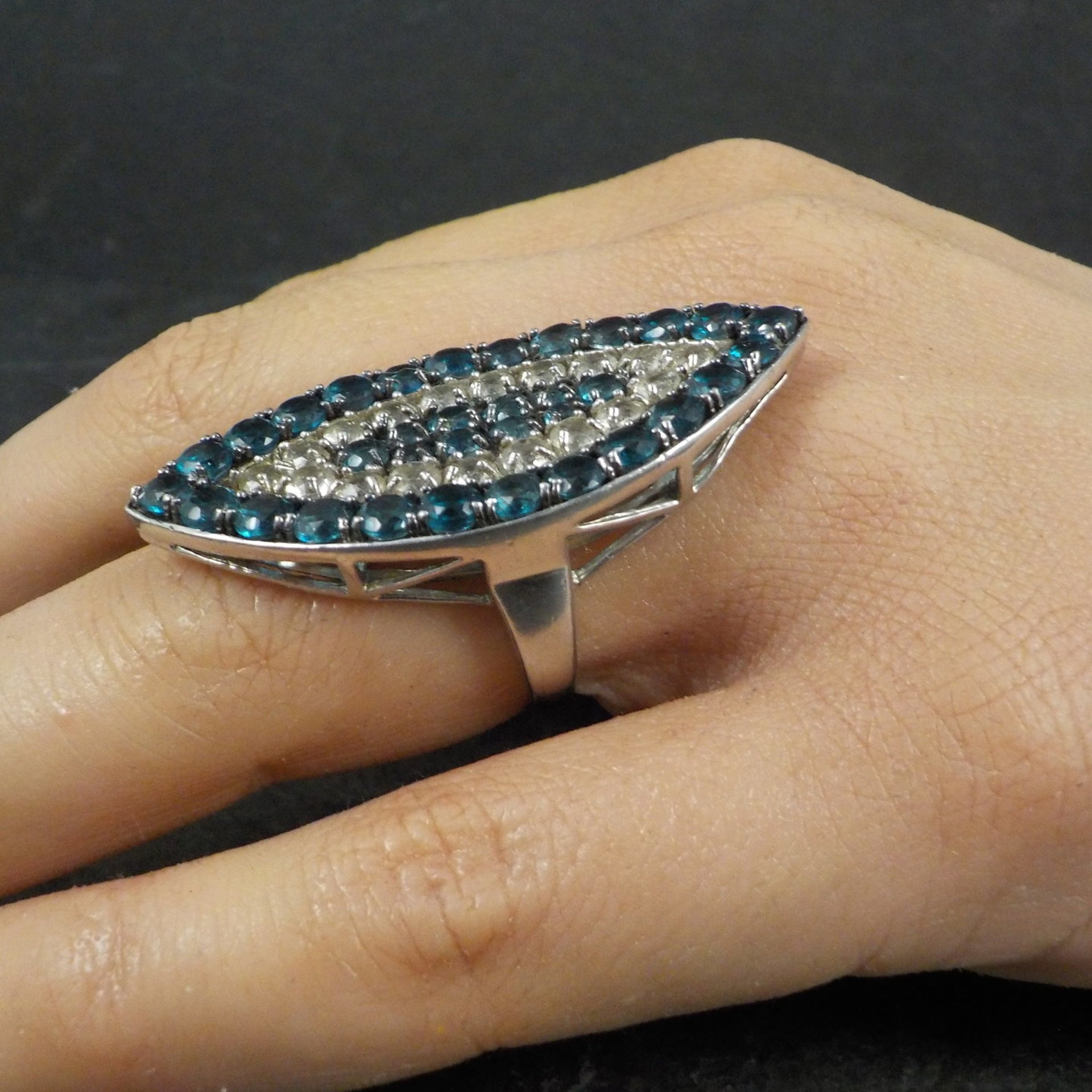 Large Sterling Silver Blue & White Topaz Eye Ring Size 6