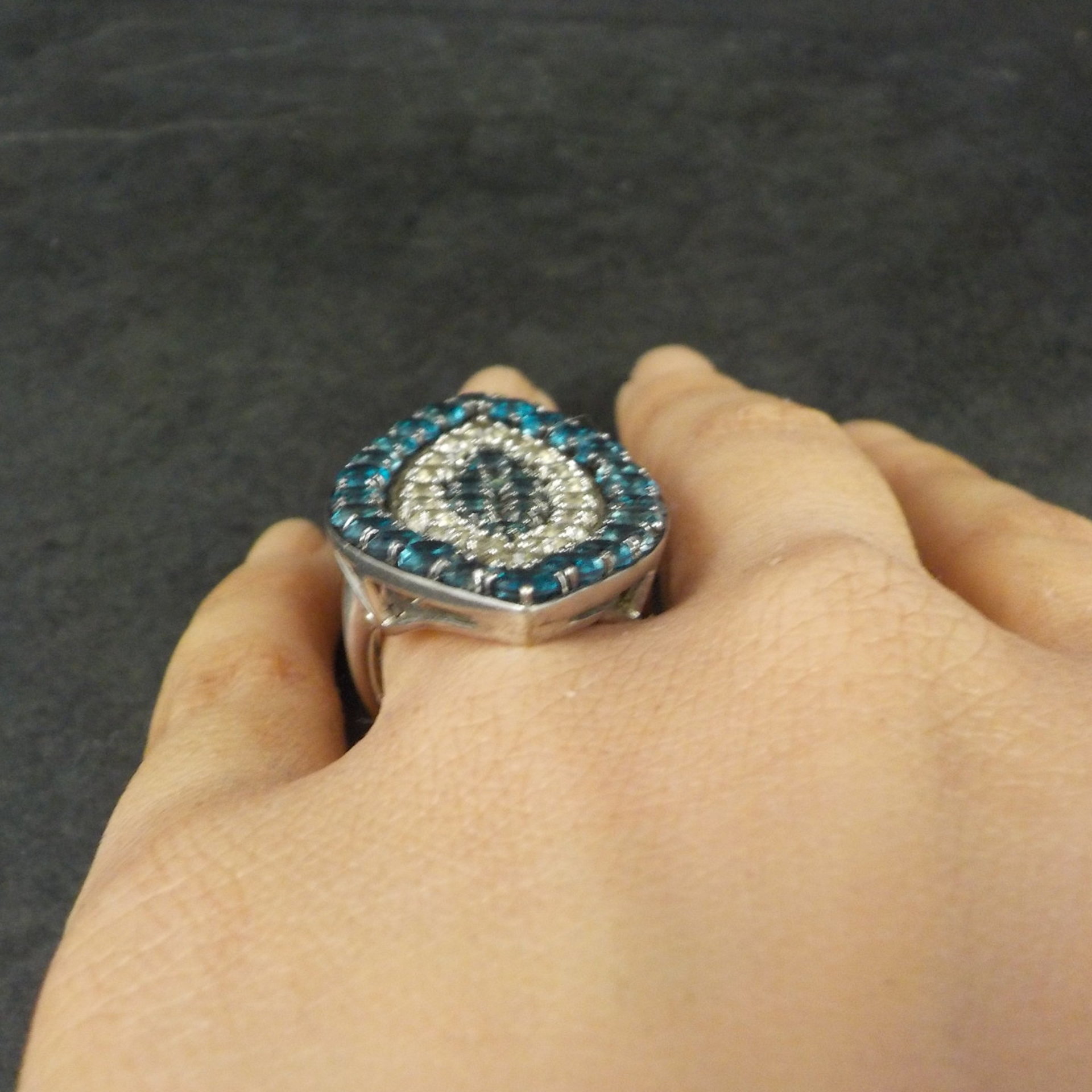 Large Sterling Silver Blue & White Topaz Eye Ring Size 6