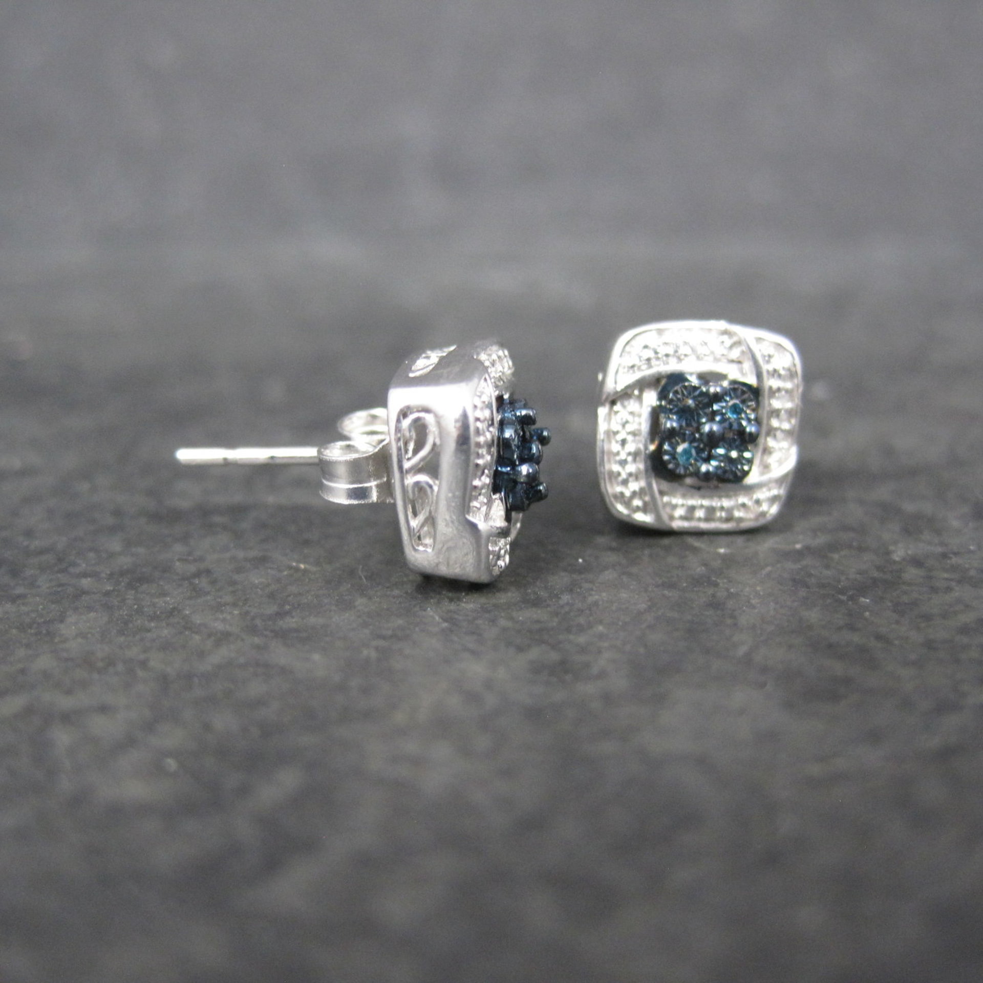 Sterling Silver Blue Diamond Illusion Stud Earrings