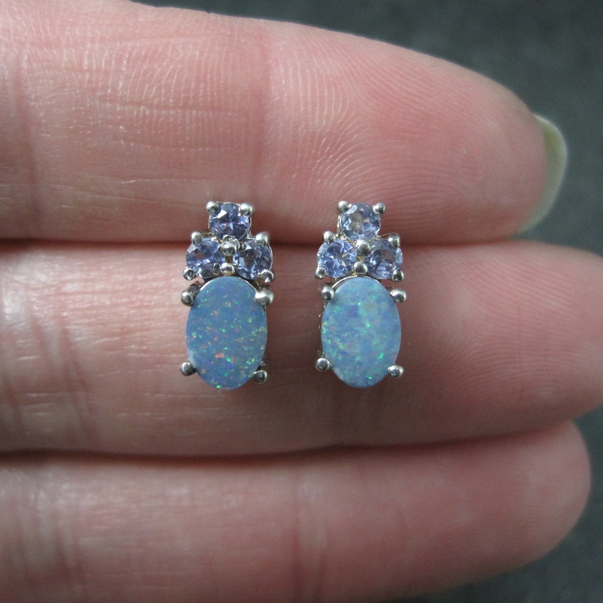 Sterling Silver Opal Doublet and Tanzanite Stud Earrings