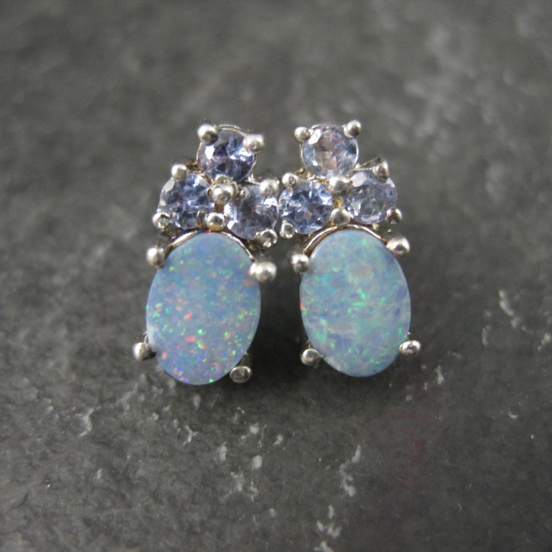 Sterling Silver Opal Doublet and Tanzanite Stud Earrings