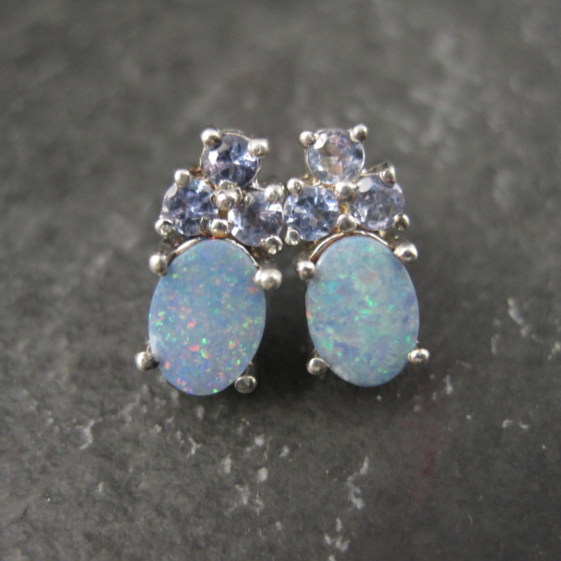 Sterling Silver Opal Doublet and Tanzanite Stud Earrings