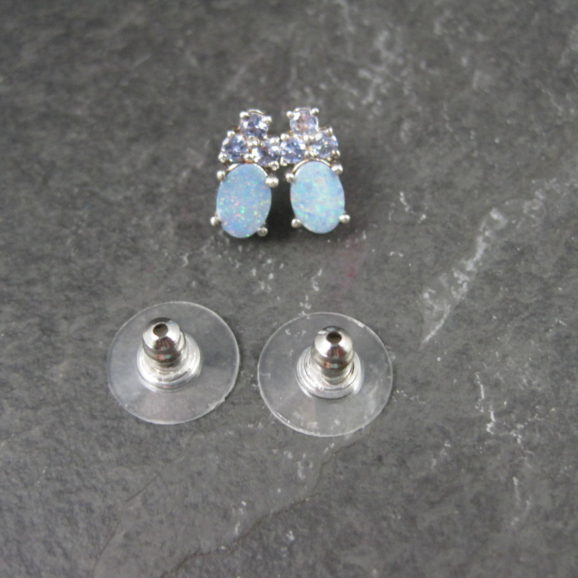 Sterling Silver Opal Doublet and Tanzanite Stud Earrings