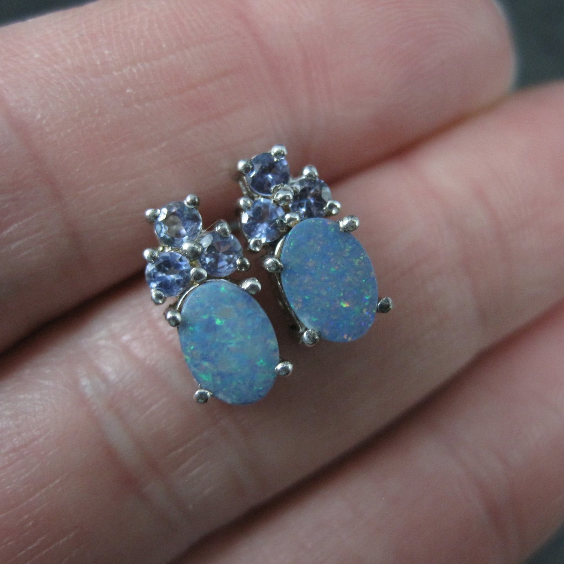 Sterling Silver Opal Doublet and Tanzanite Stud Earrings