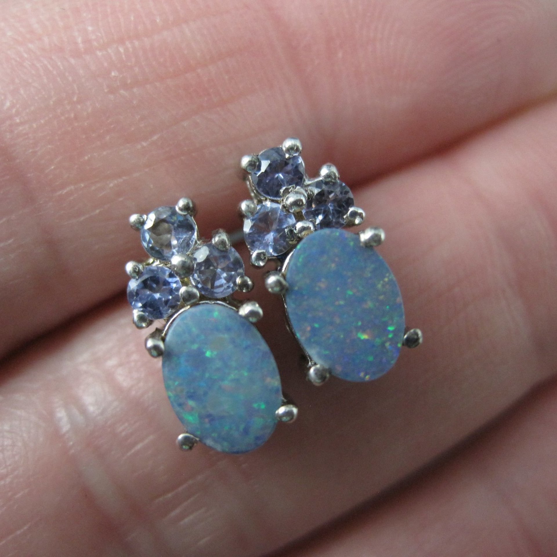 Sterling Silver Opal Doublet and Tanzanite Stud Earrings