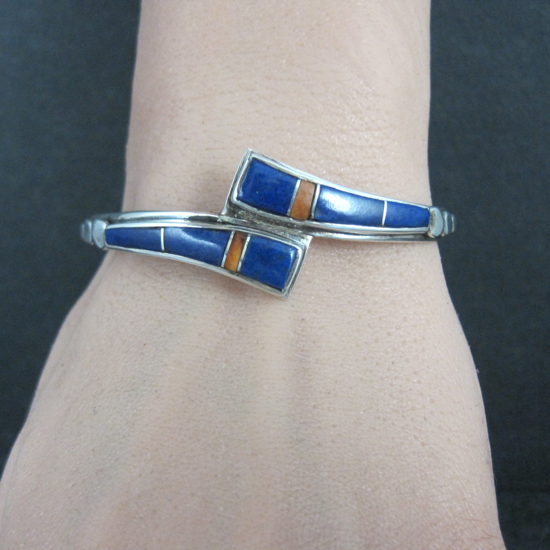 Vintage Southwestern Sterling Silver Lapis Lazuli Spiny Oyster Cuff Bracelet 6"