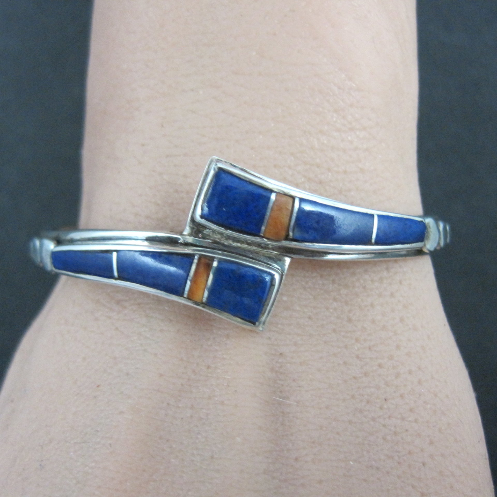 Vintage Southwestern Sterling Silver Lapis Lazuli Spiny Oyster Cuff Bracelet 6"