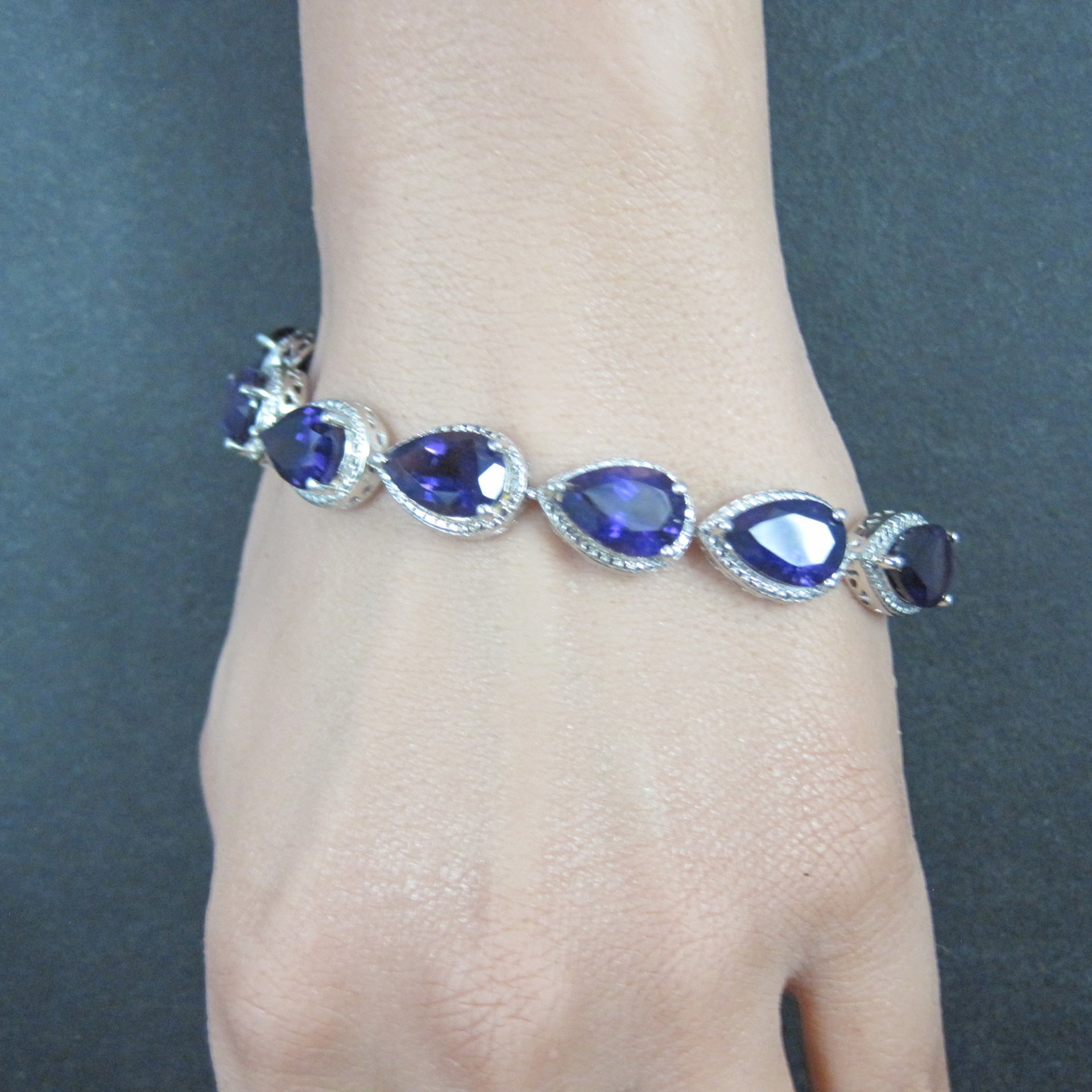 Pear Cut Amethyst Bracelet Sterling Silver 7.25" 32.4 Carats