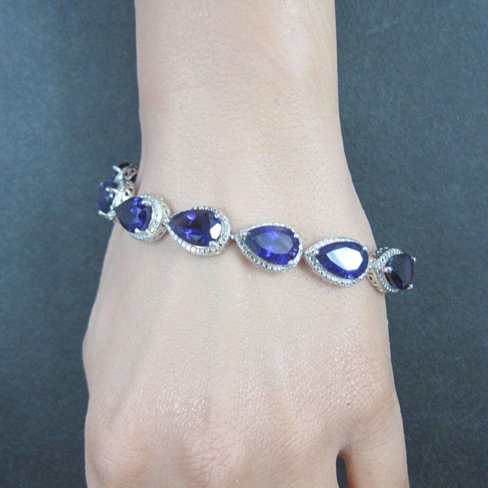 Pear Cut Amethyst Bracelet Sterling Silver 7.25" 32.4 Carats