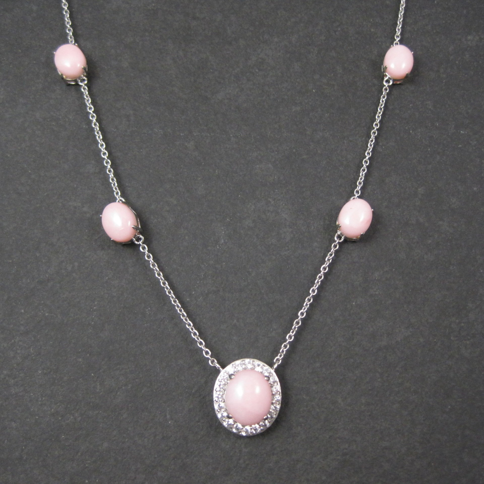 Vintage Sterling Pink Opal White Topaz Halo Necklace 24 Inches