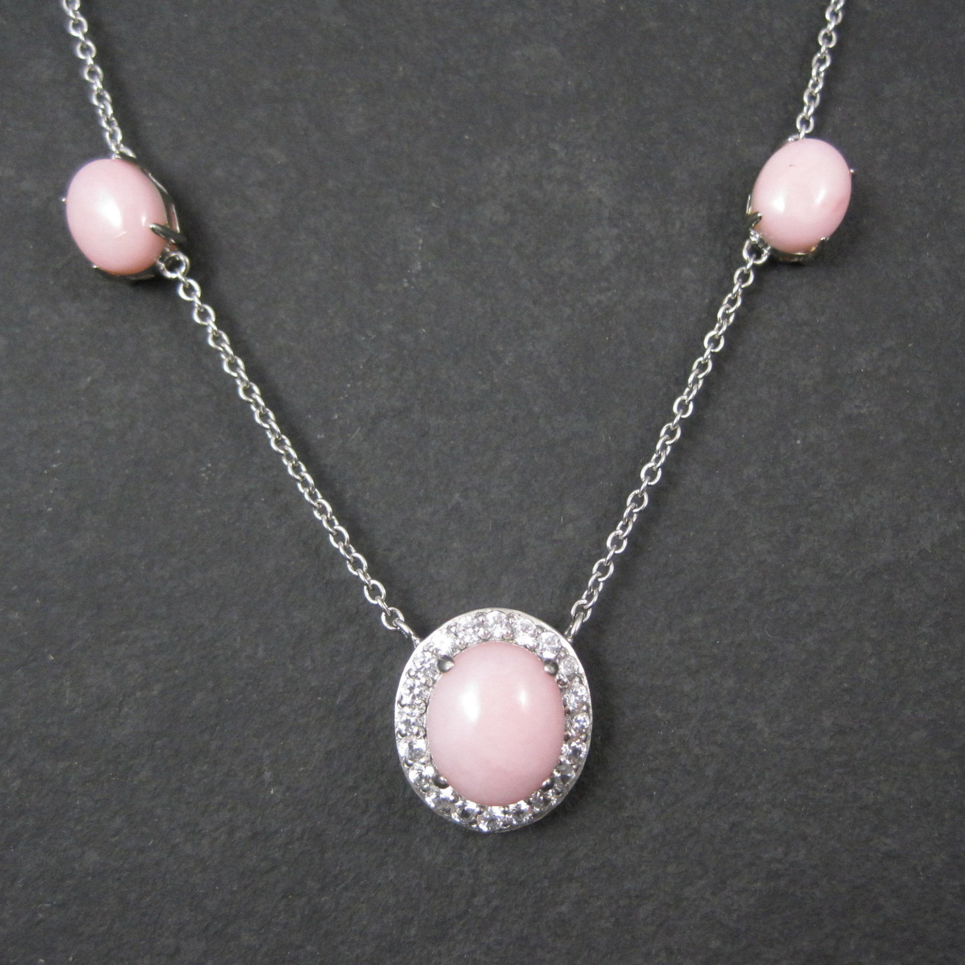 Vintage Sterling Pink Opal White Topaz Halo Necklace 24 Inches