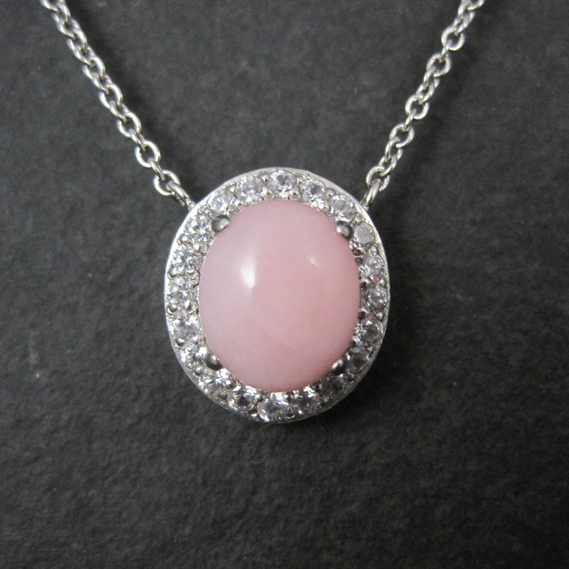 Vintage Sterling Pink Opal White Topaz Halo Necklace 24 Inches