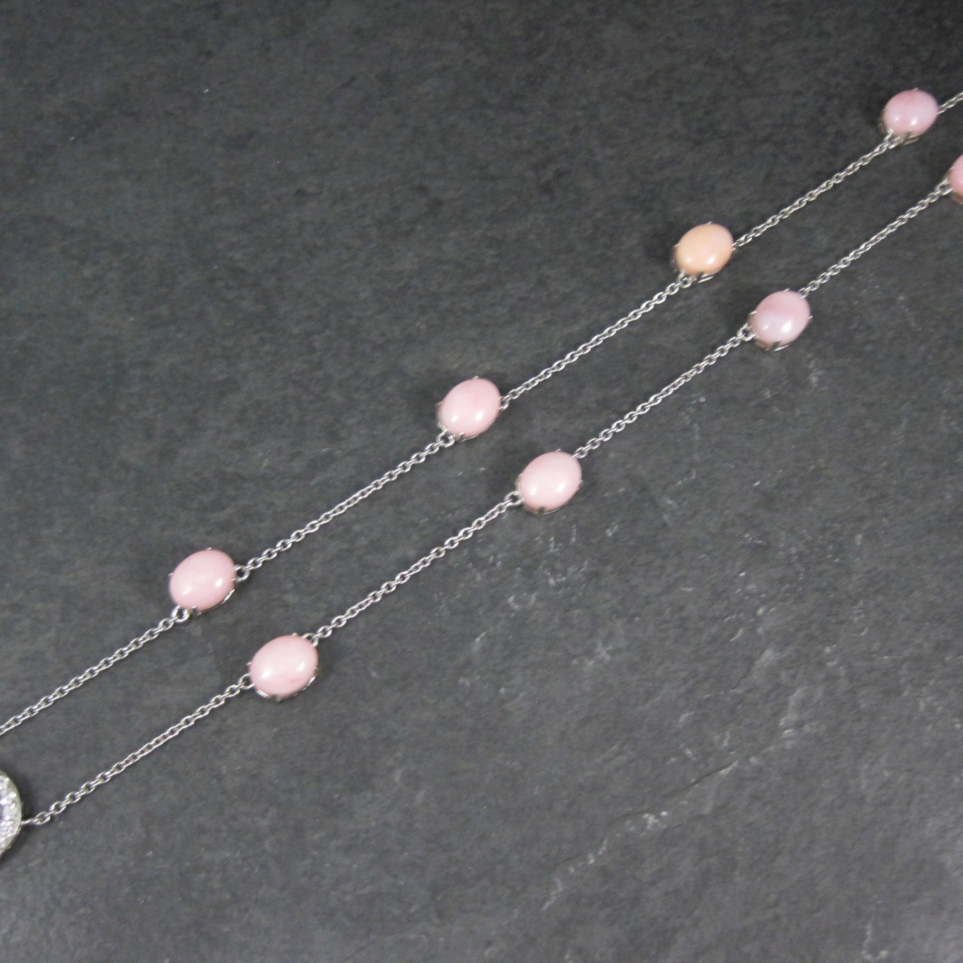 Vintage Sterling Pink Opal White Topaz Halo Necklace 24 Inches