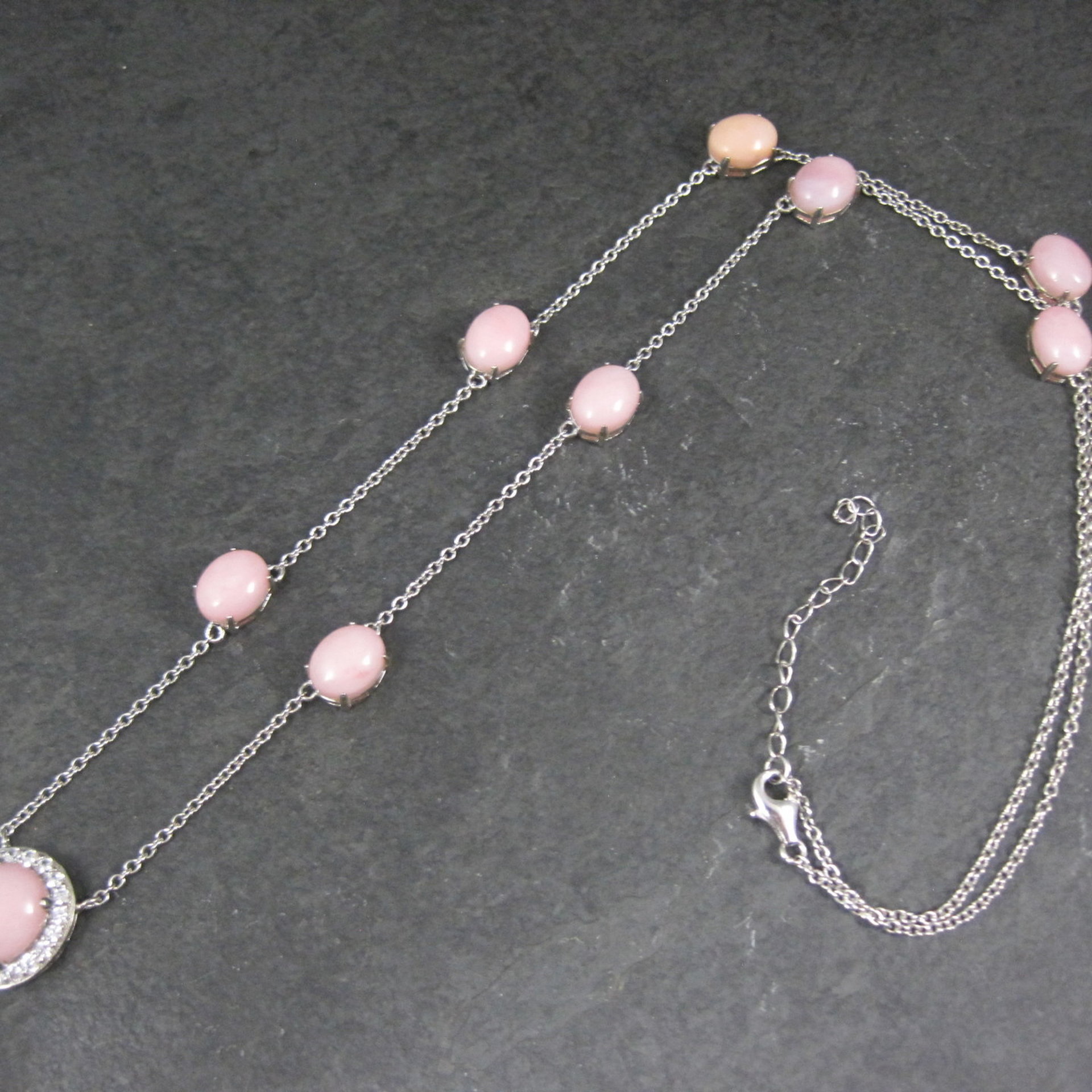 Vintage Sterling Pink Opal White Topaz Halo Necklace 24 Inches