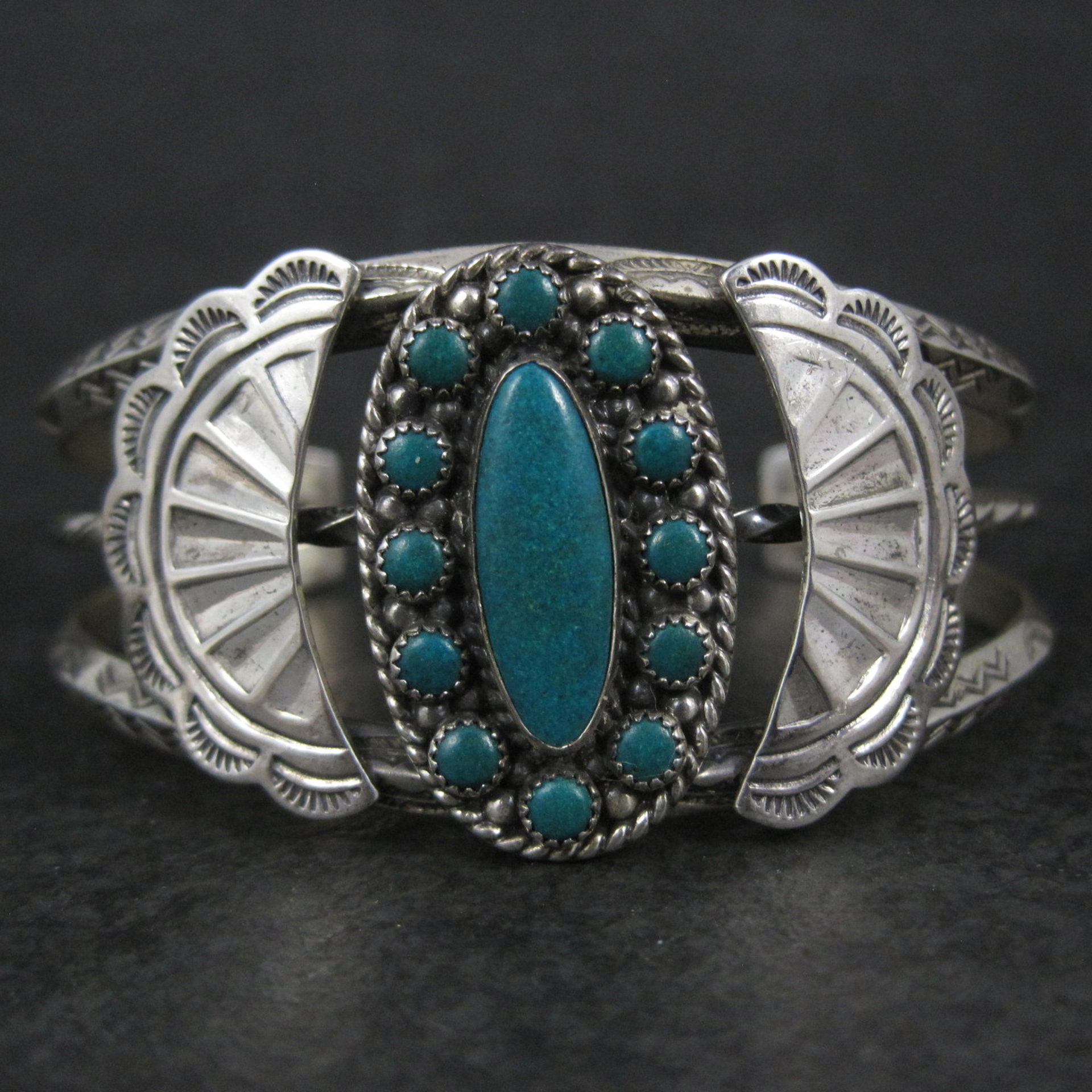 Southwestern Sterling Cluster Cuff Bracelet 6.25 Inches