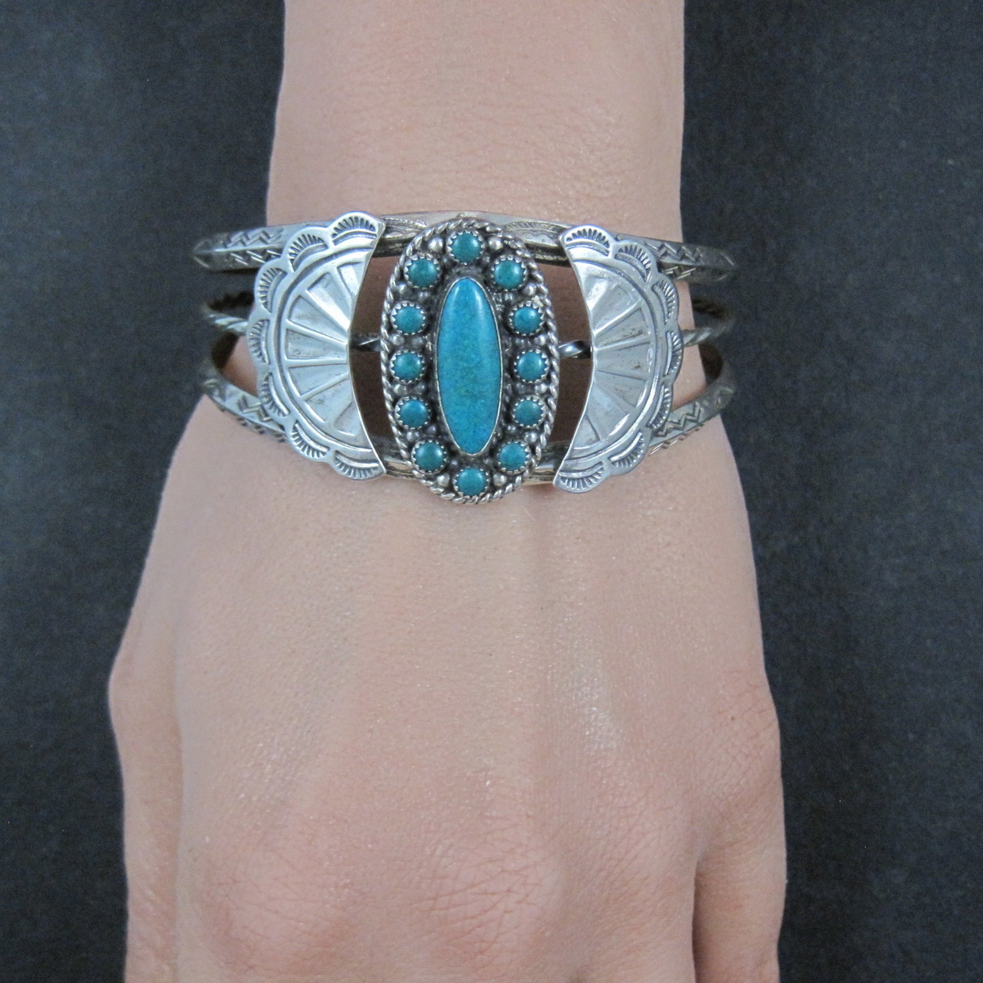 Southwestern Sterling Cluster Cuff Bracelet 6.25 Inches