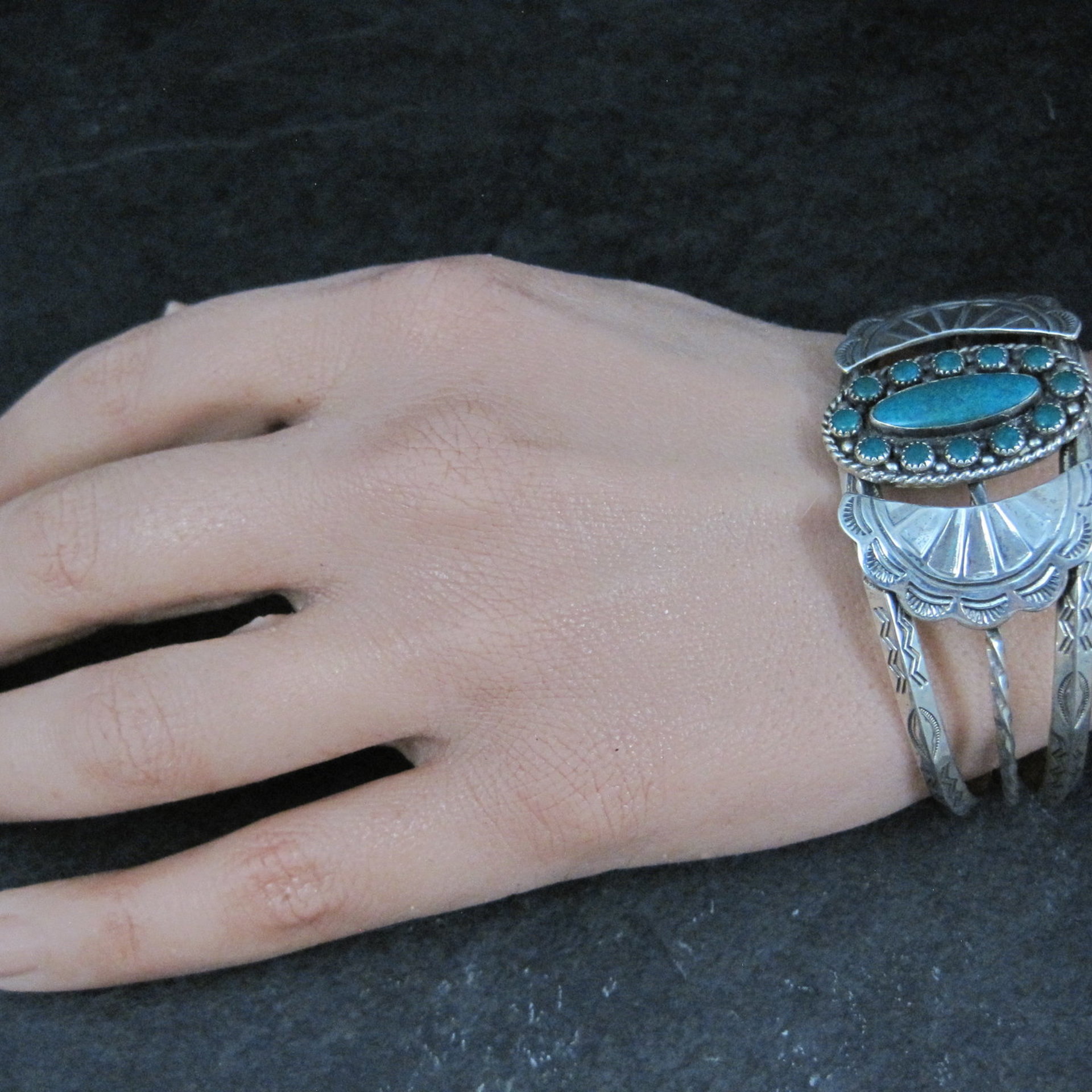 Southwestern Sterling Cluster Cuff Bracelet 6.25 Inches