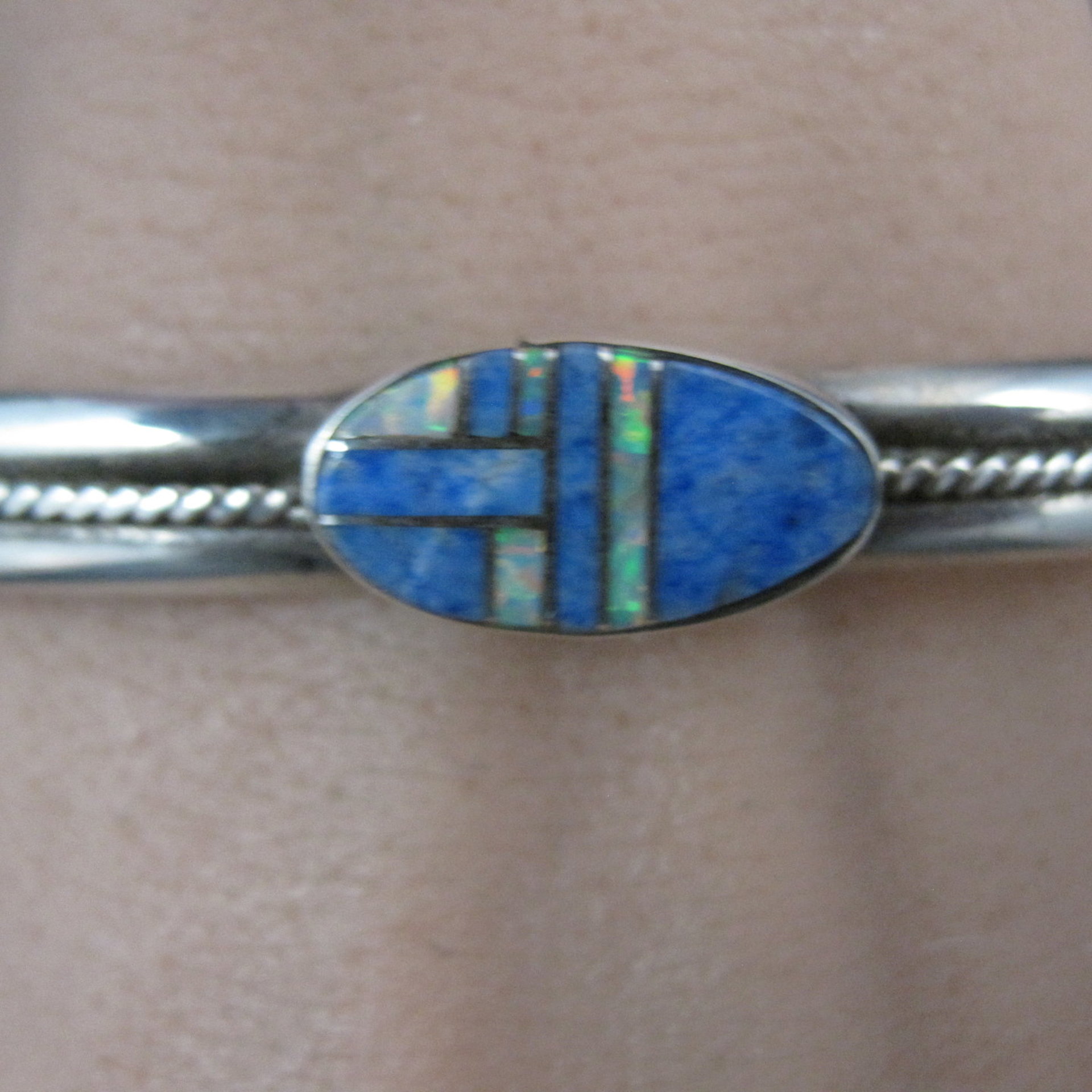 Southwestern Sterling Denim Lapis and Opal Inlay Cuff Bracelet 6.5