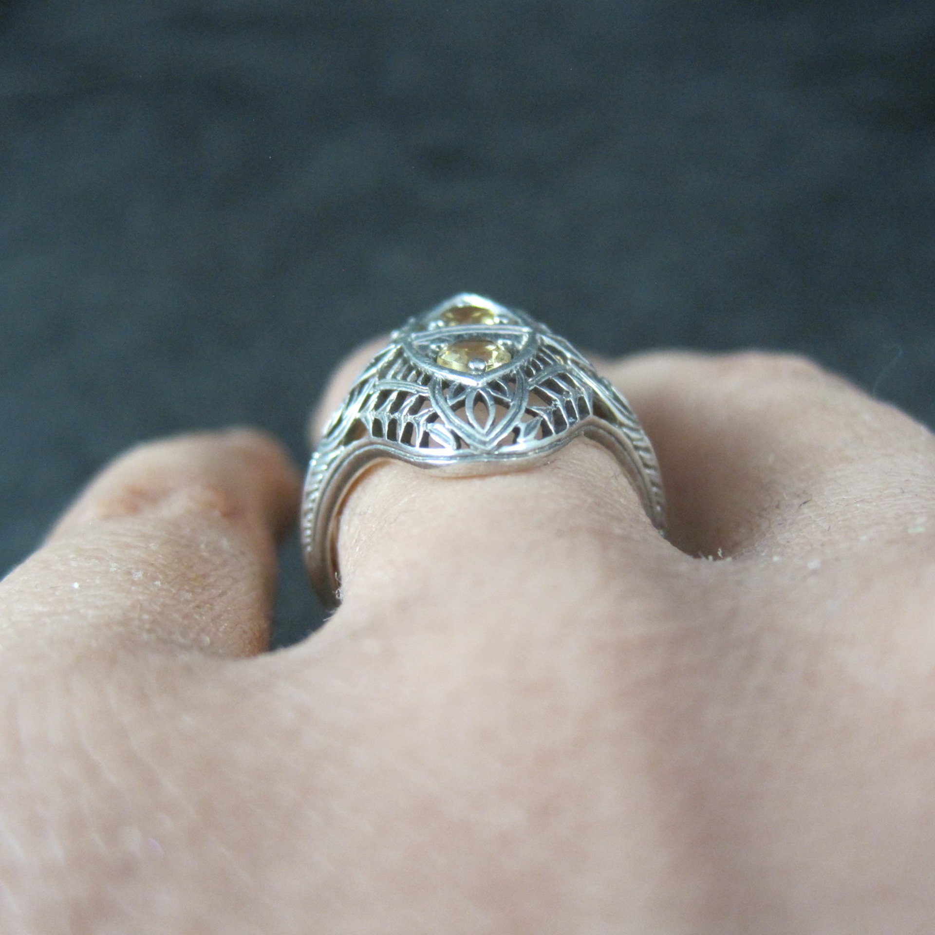 Vintage Sterling Silver Filigree Citrine Ring Size 6 Art Deco Reproduction