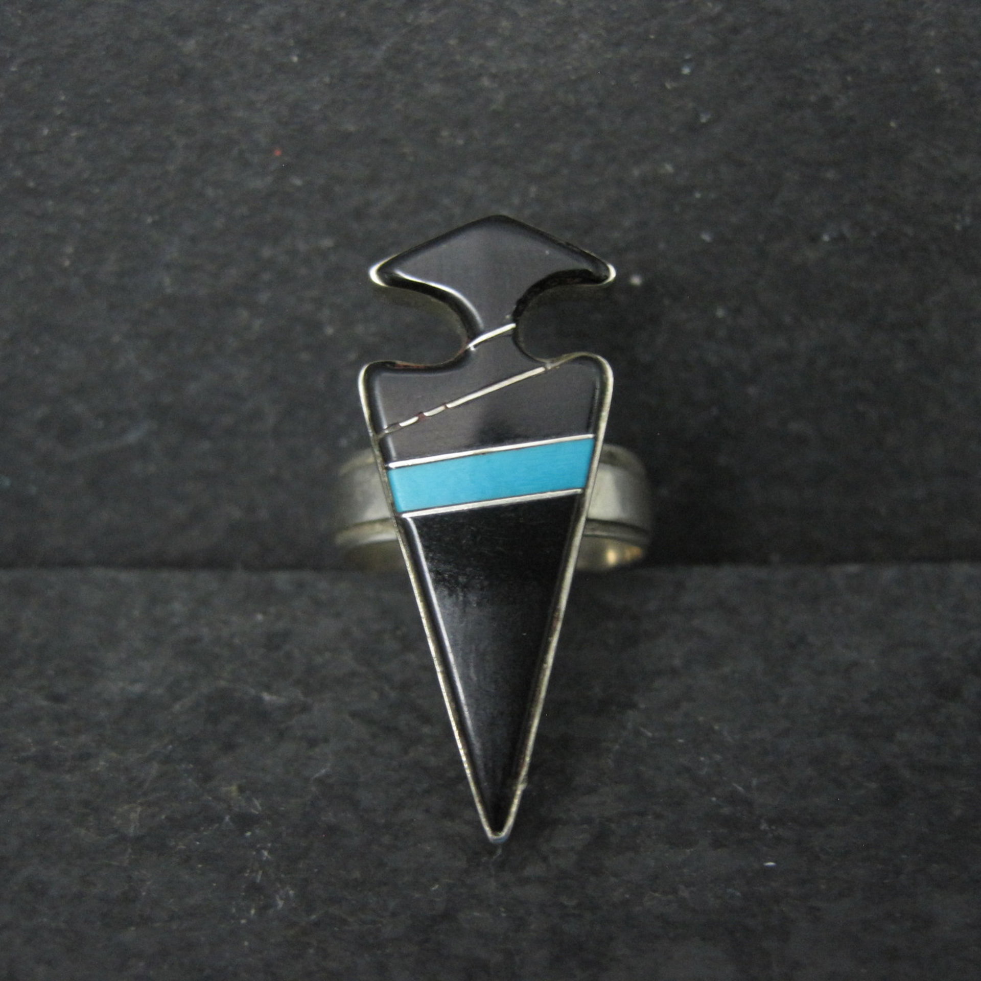 Vintage Sterling Silver Jet and Turquoise Inlay Arrowhead Ring Size 6 Signed