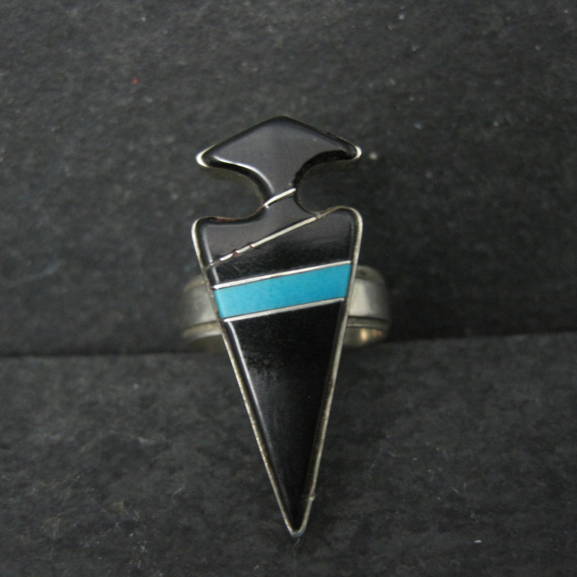 Vintage Sterling Silver Jet and Turquoise Inlay Arrowhead Ring Size 6 Signed