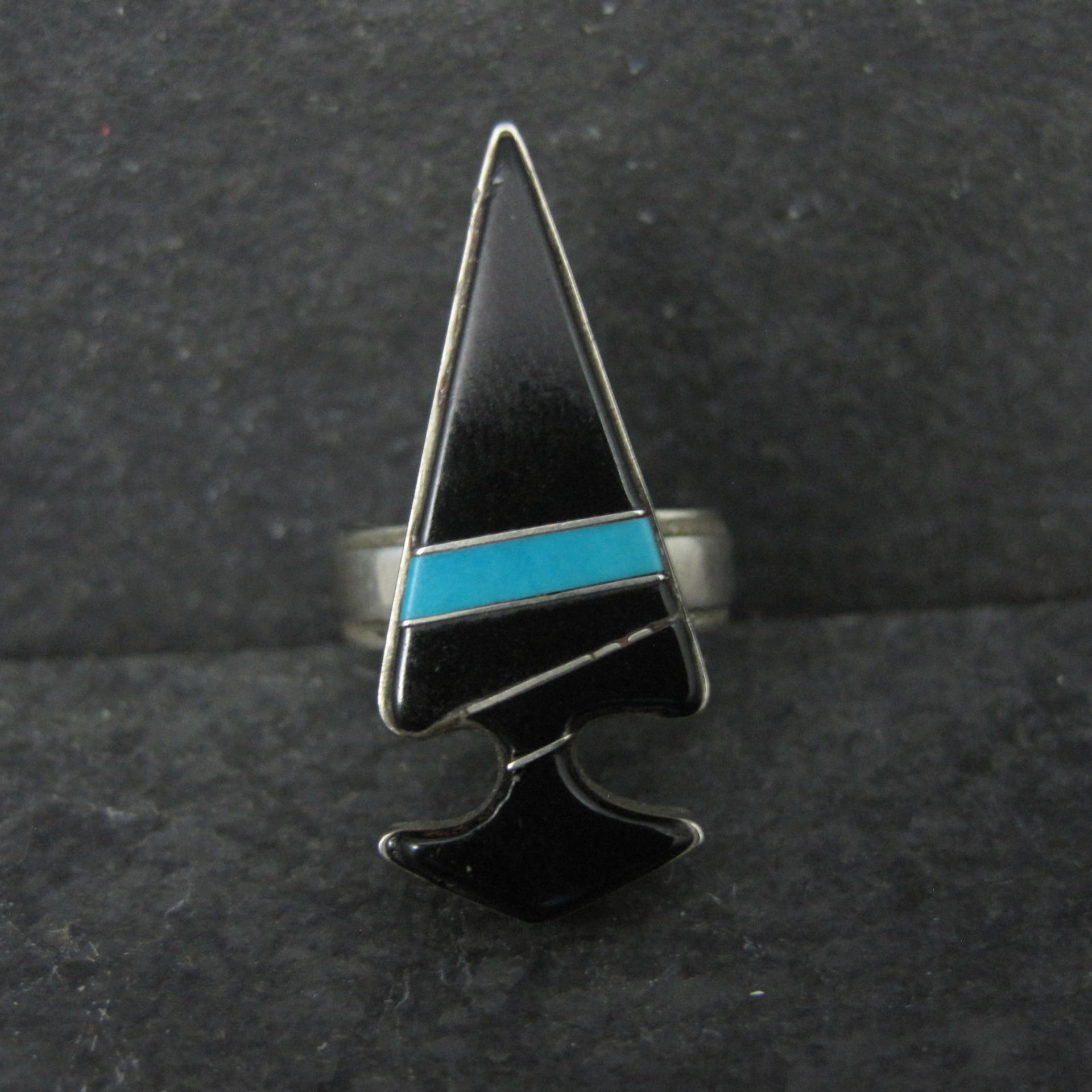 Vintage Sterling Silver Jet and Turquoise Inlay Arrowhead Ring Size 6 Signed
