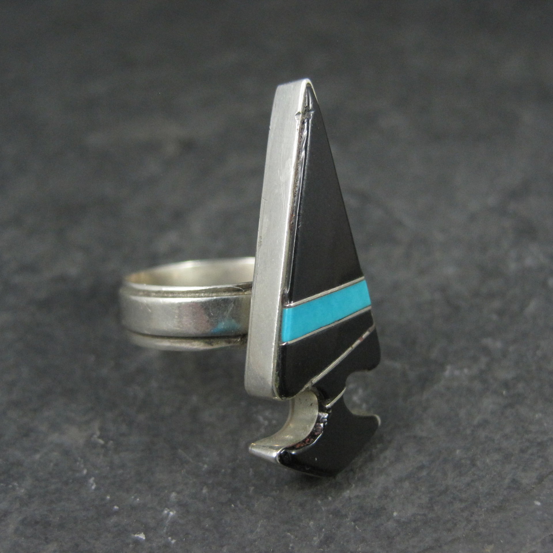 Vintage Sterling Silver Jet and Turquoise Inlay Arrowhead Ring Size 6 Signed