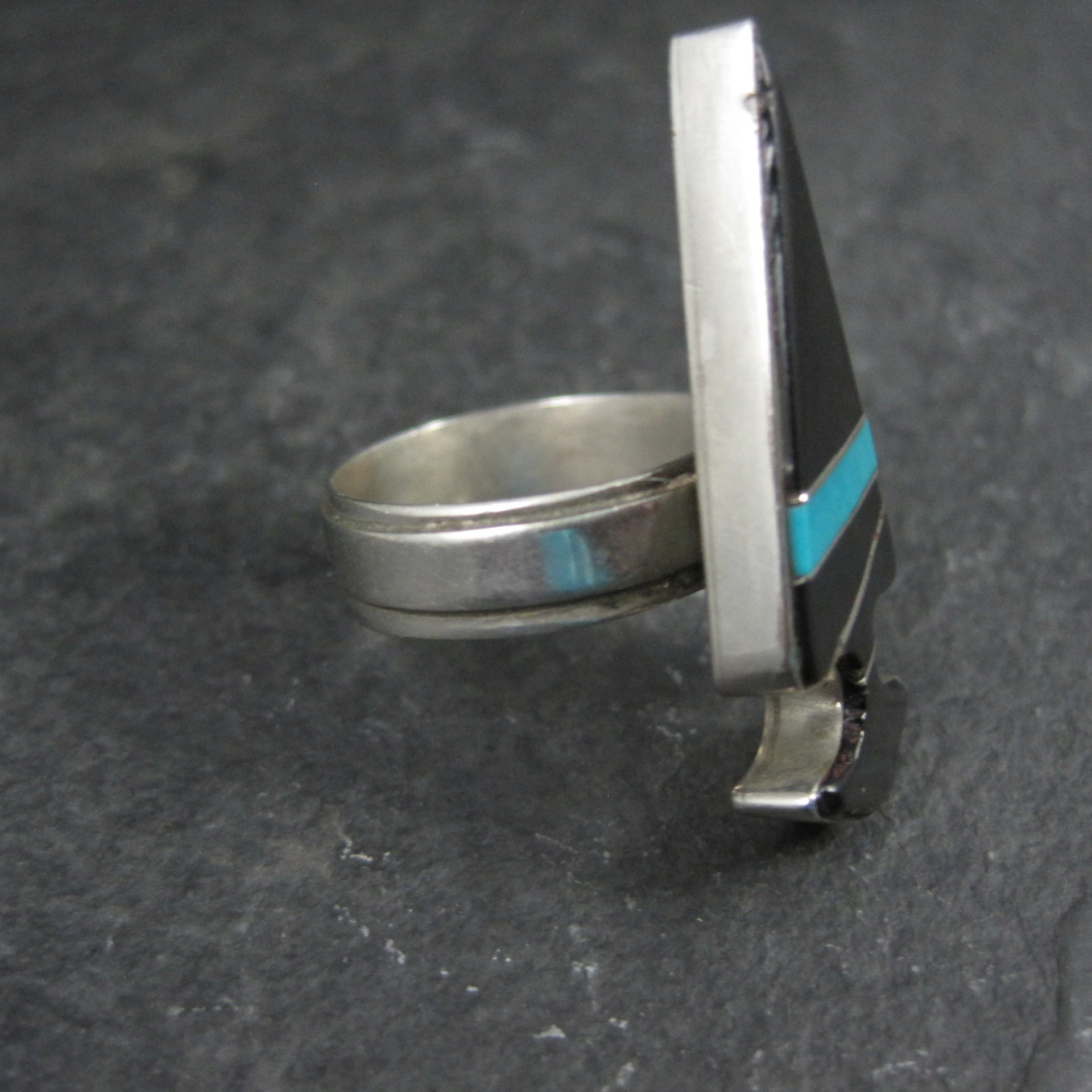 Vintage Sterling Silver Jet and Turquoise Inlay Arrowhead Ring Size 6 Signed
