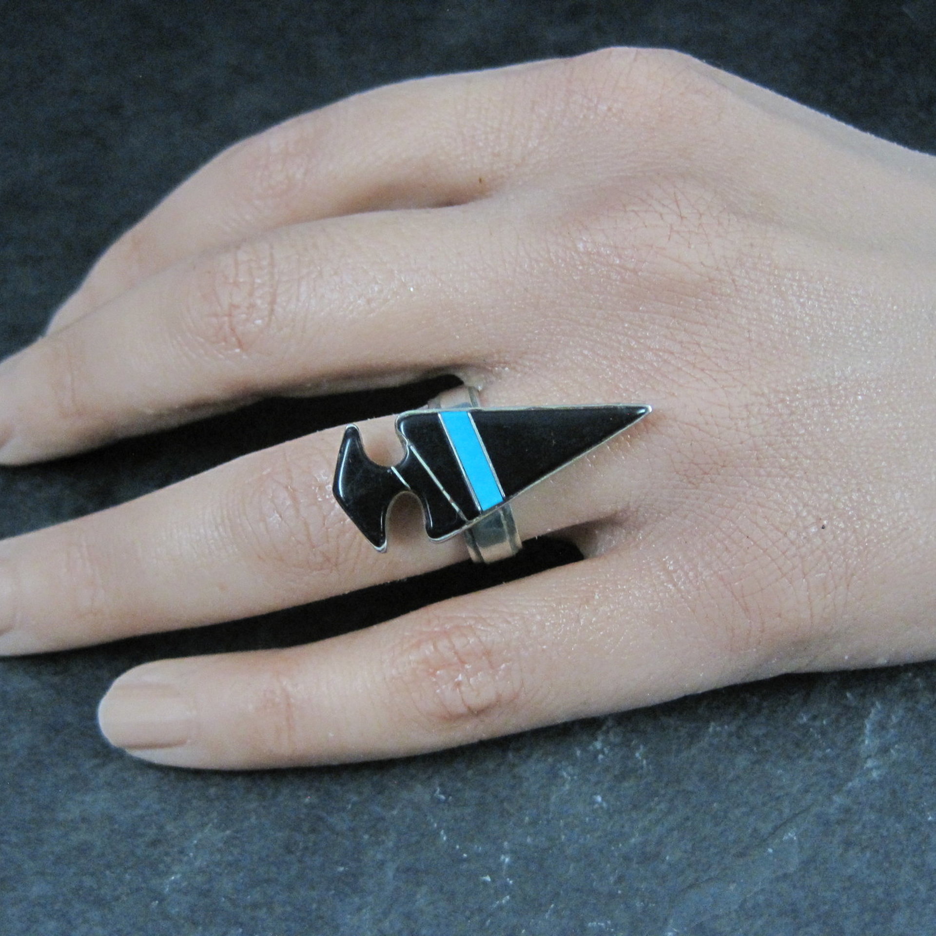 Vintage Sterling Silver Jet and Turquoise Inlay Arrowhead Ring Size 6 Signed