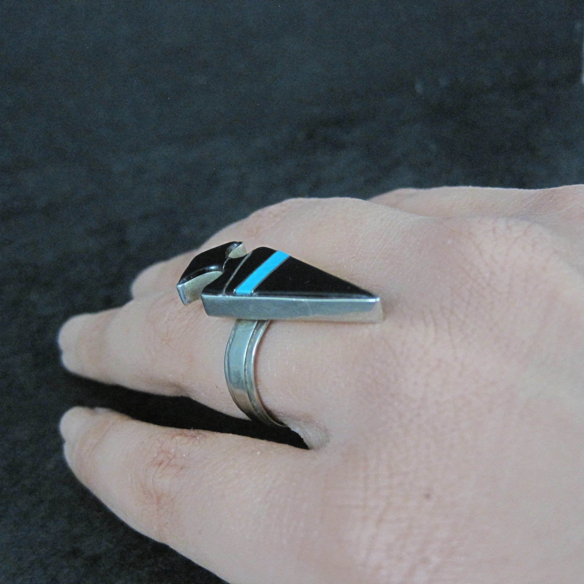 Vintage Sterling Silver Jet and Turquoise Inlay Arrowhead Ring Size 6 Signed