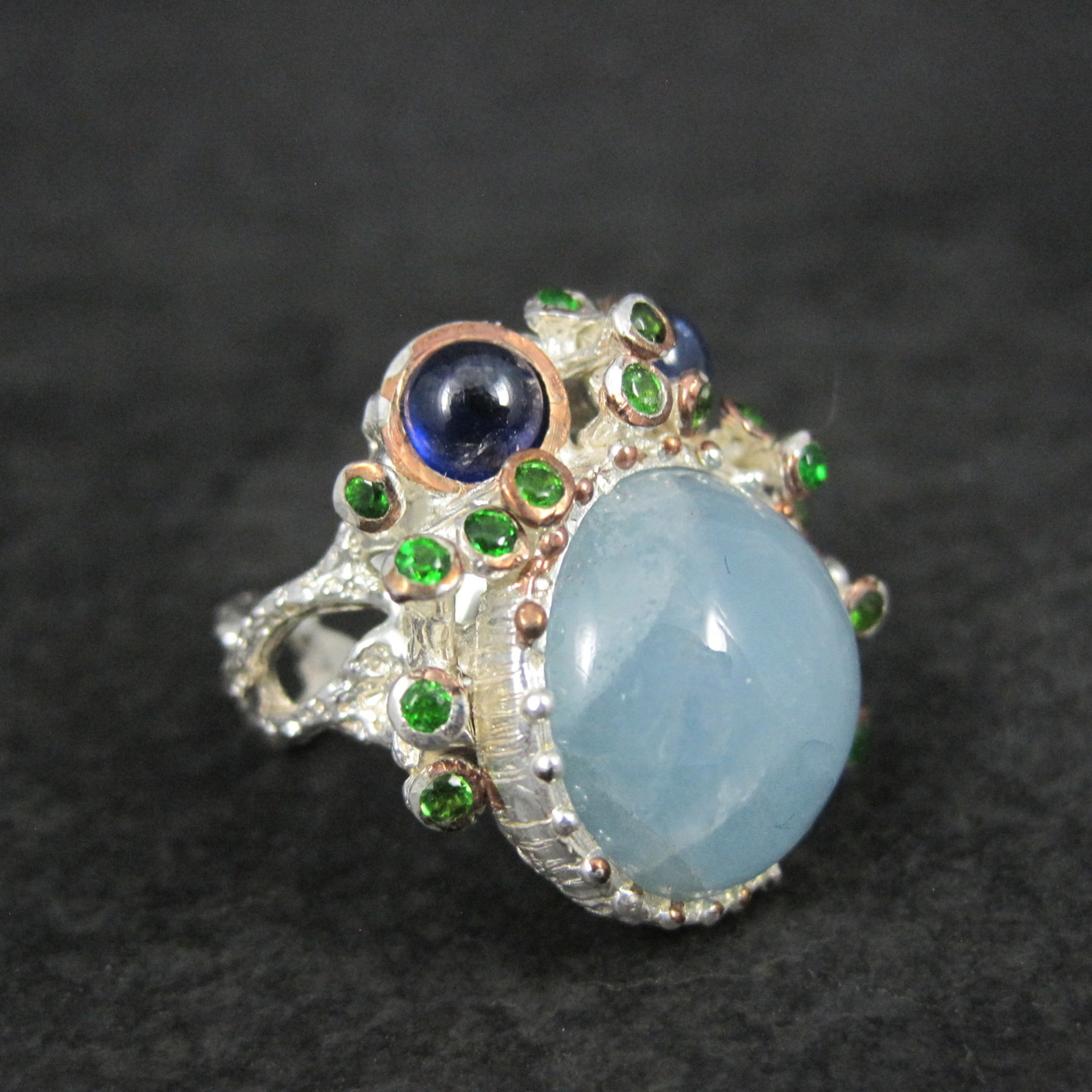 Artisan Sterling Silver Aquamarine Chrome Diopside Iolite Branch Ring Size 8