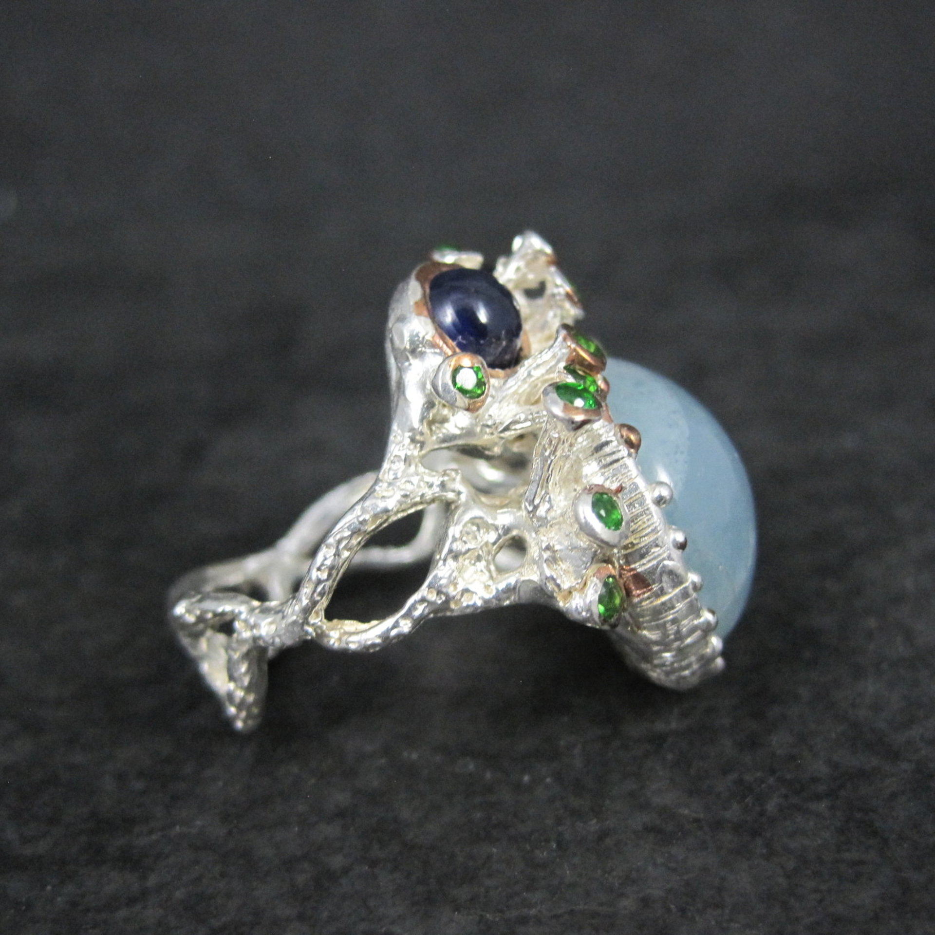 Artisan Sterling Silver Aquamarine Chrome Diopside Iolite Branch Ring Size 8