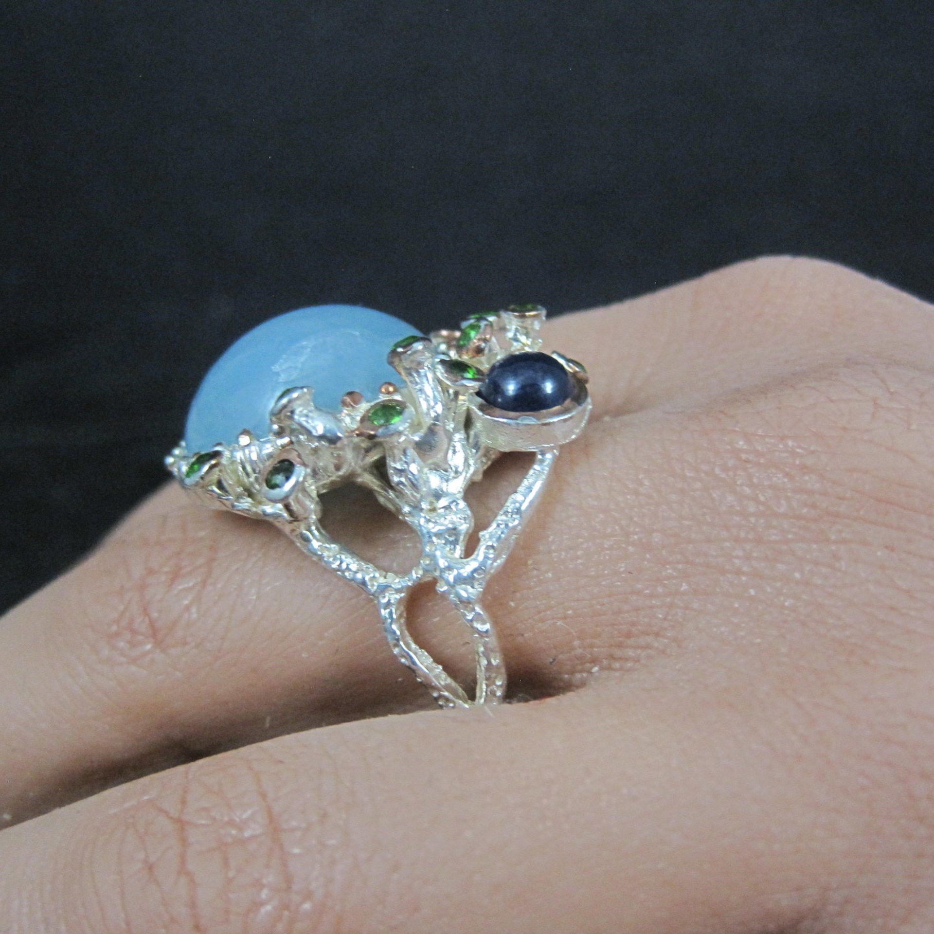 Artisan Sterling Silver Aquamarine Chrome Diopside Iolite Branch Ring Size 8
