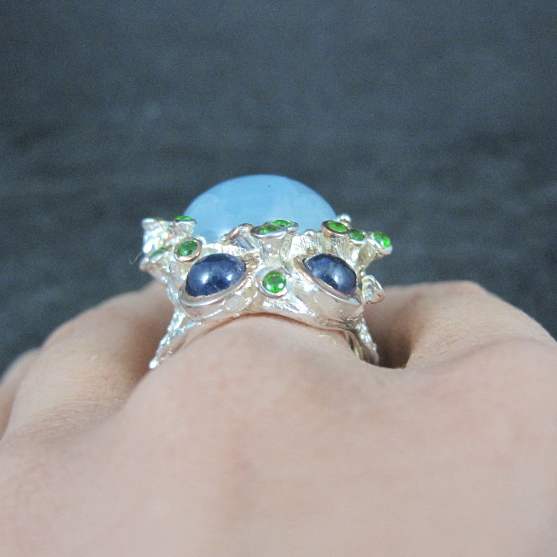 Artisan Sterling Silver Aquamarine Chrome Diopside Iolite Branch Ring Size 8