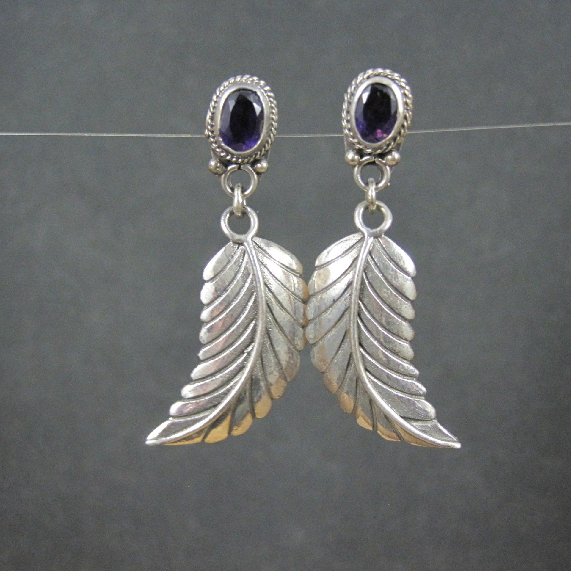 Amethyst Feather Earrings Sterling Silver