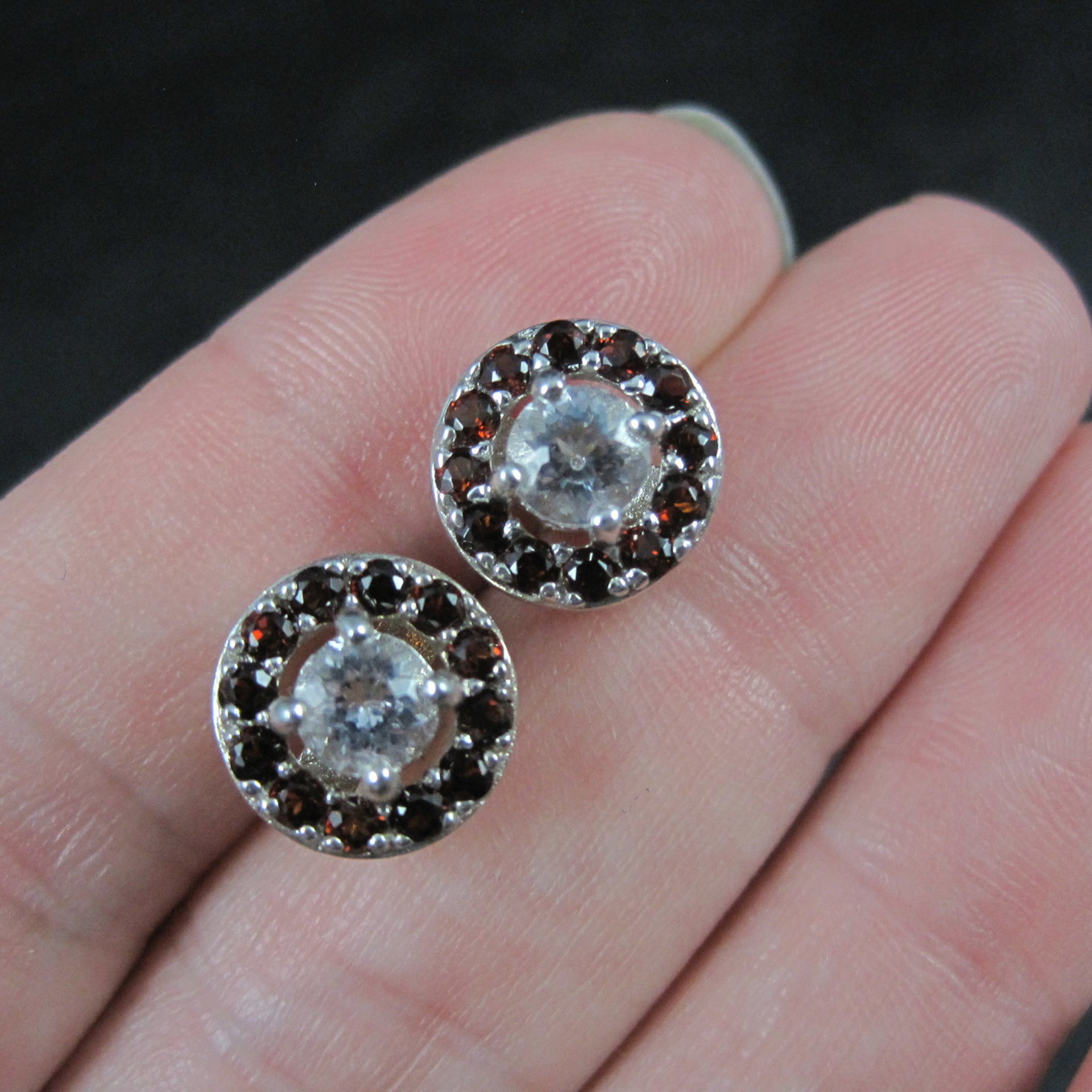 Quartz and Garnet Halo Stud Earrings Sterling Silver