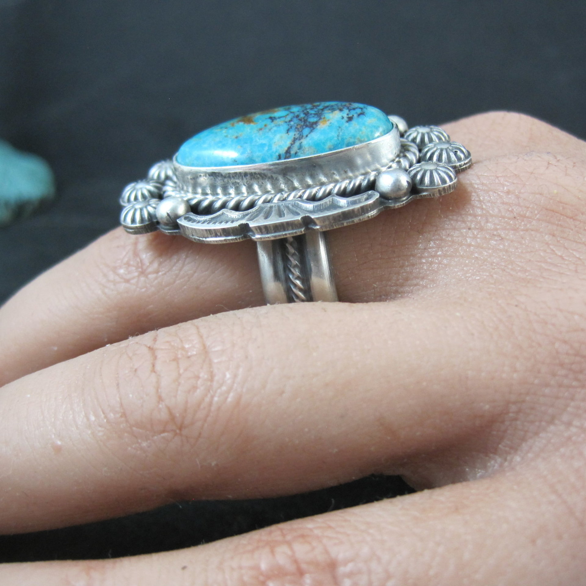 Michael Calladitto Navajo Turquoise & Sterling Silver Ring Size 8