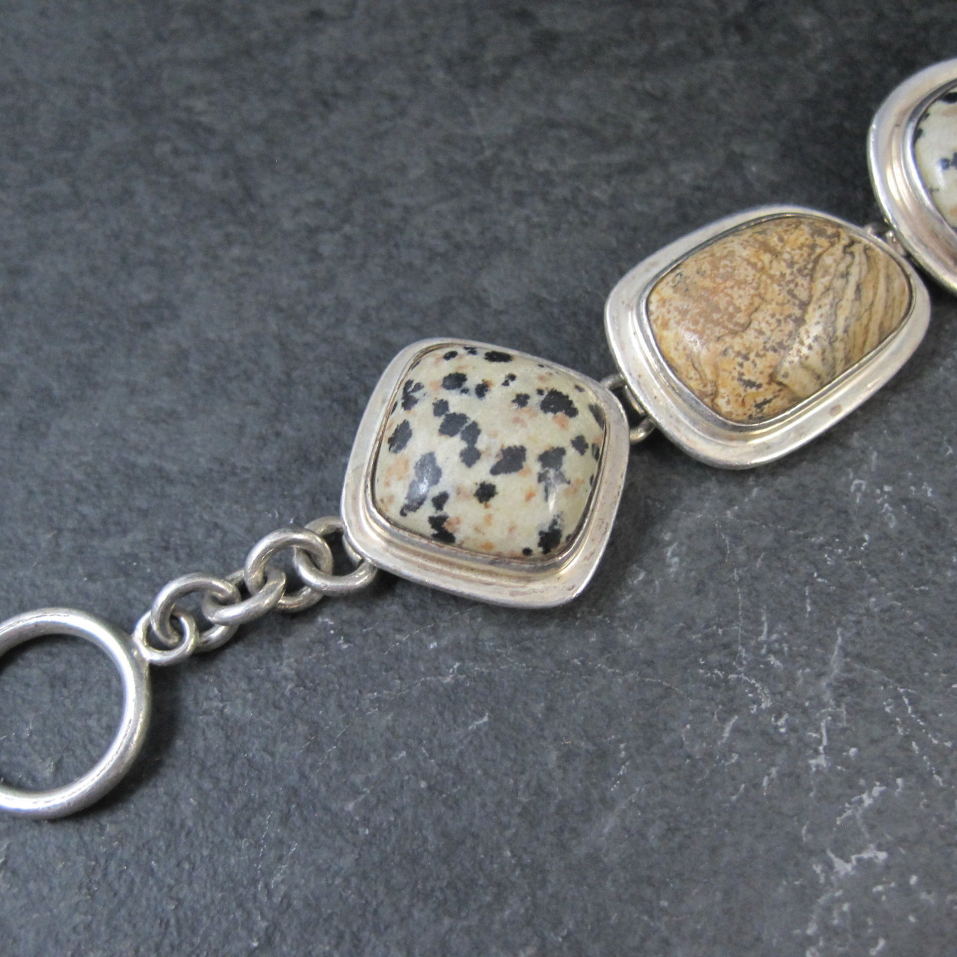 Heavy Sterling Silver Dalmatian and Picture Jasper Toggle Bracelet