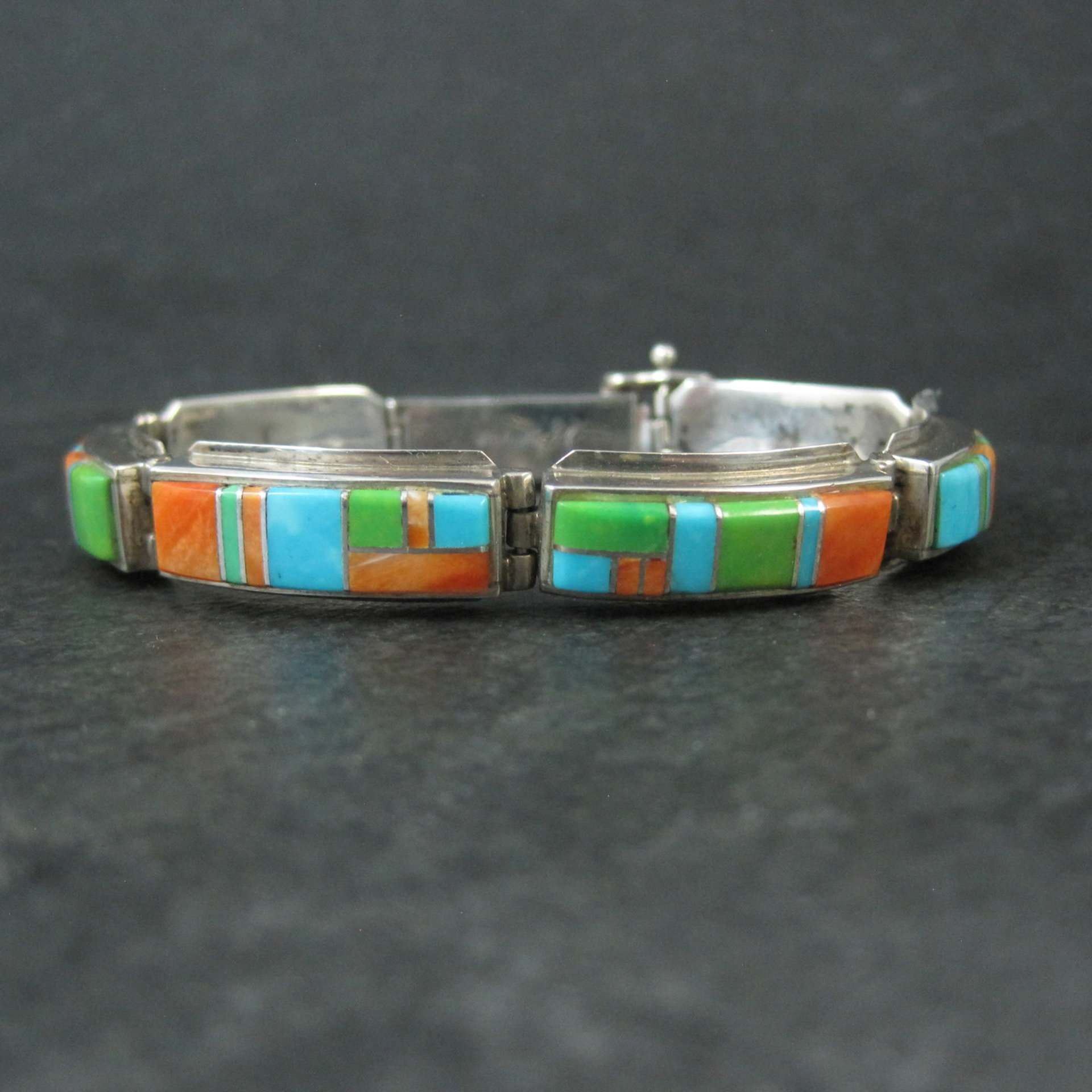Vintage Southwestern Gemstone Inlay Bracelet Sterling Silver 6.75"