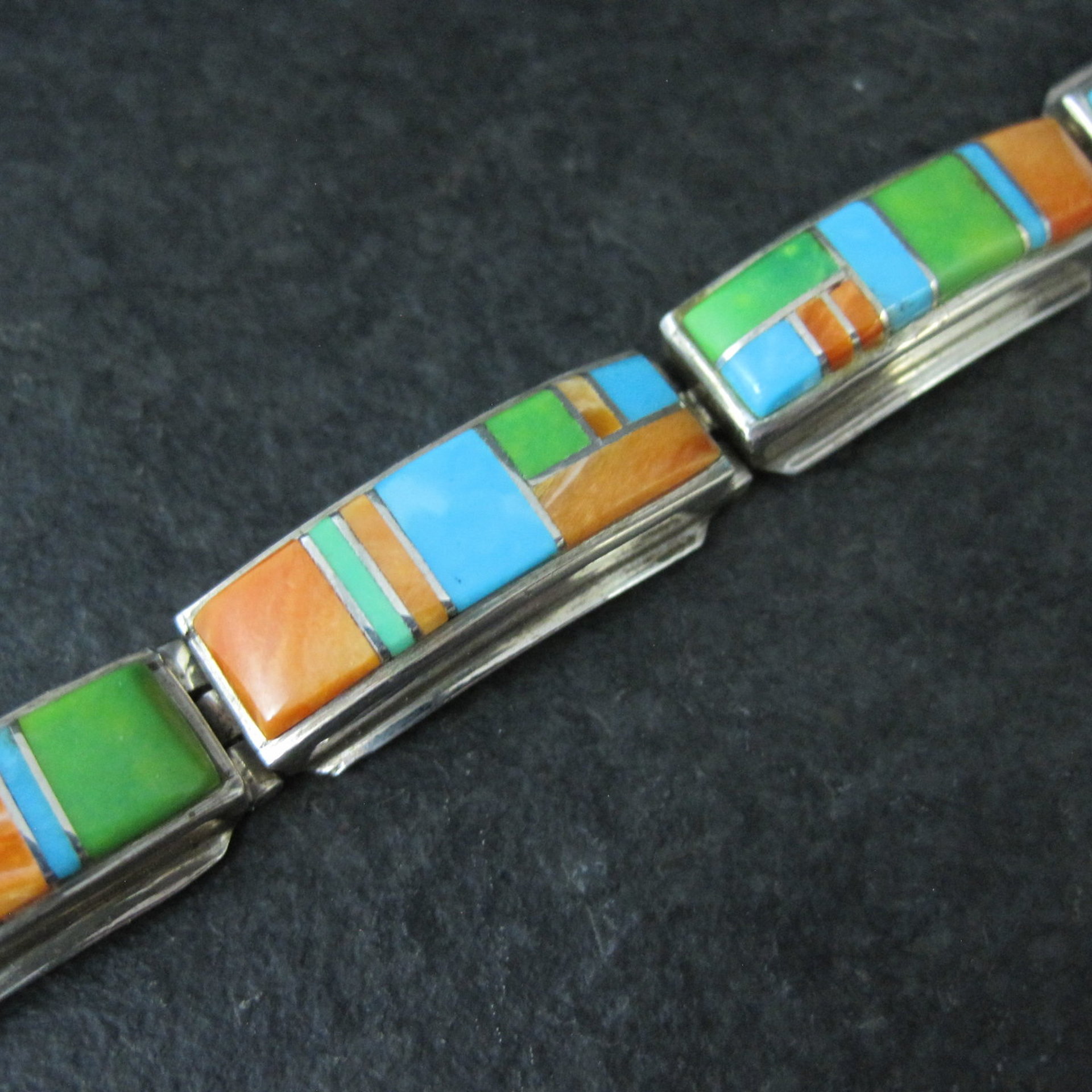 Vintage Southwestern Gemstone Inlay Bracelet Sterling Silver 6.75"