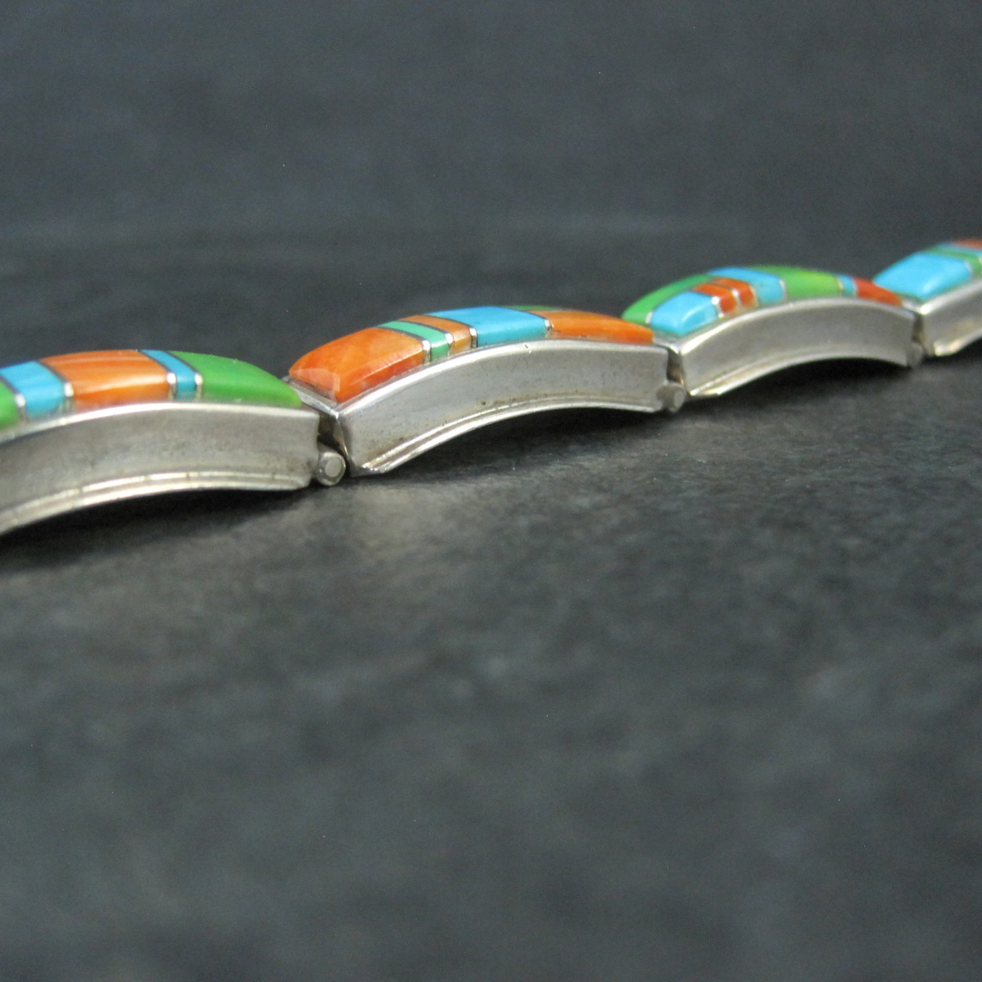Vintage Southwestern Gemstone Inlay Bracelet Sterling Silver 6.75"