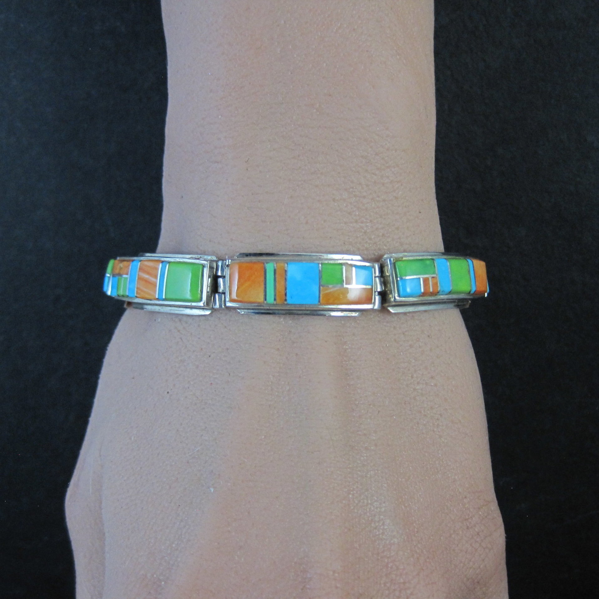 Vintage Southwestern Gemstone Inlay Bracelet Sterling Silver 6.75"