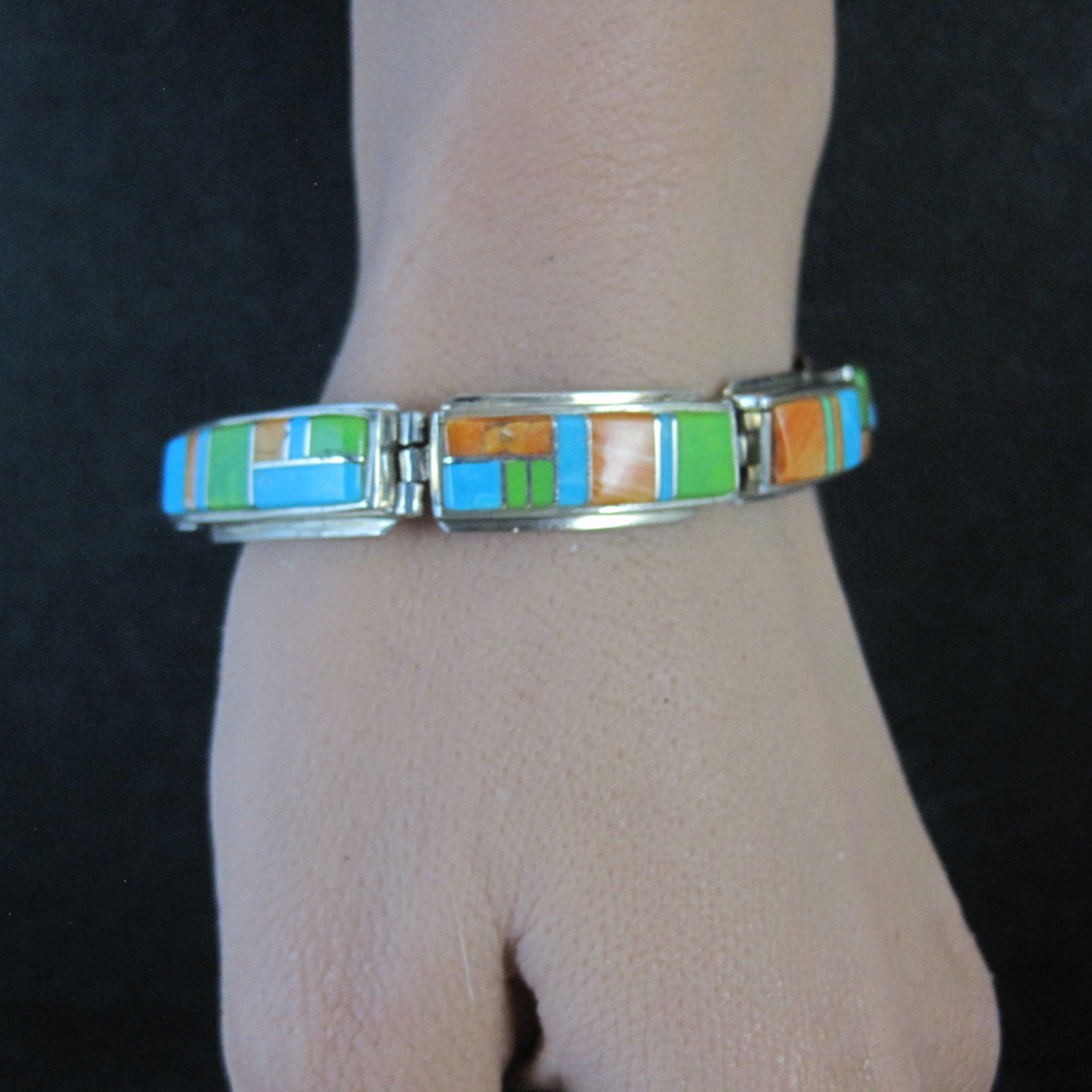 Vintage Southwestern Gemstone Inlay Bracelet Sterling Silver 6.75"