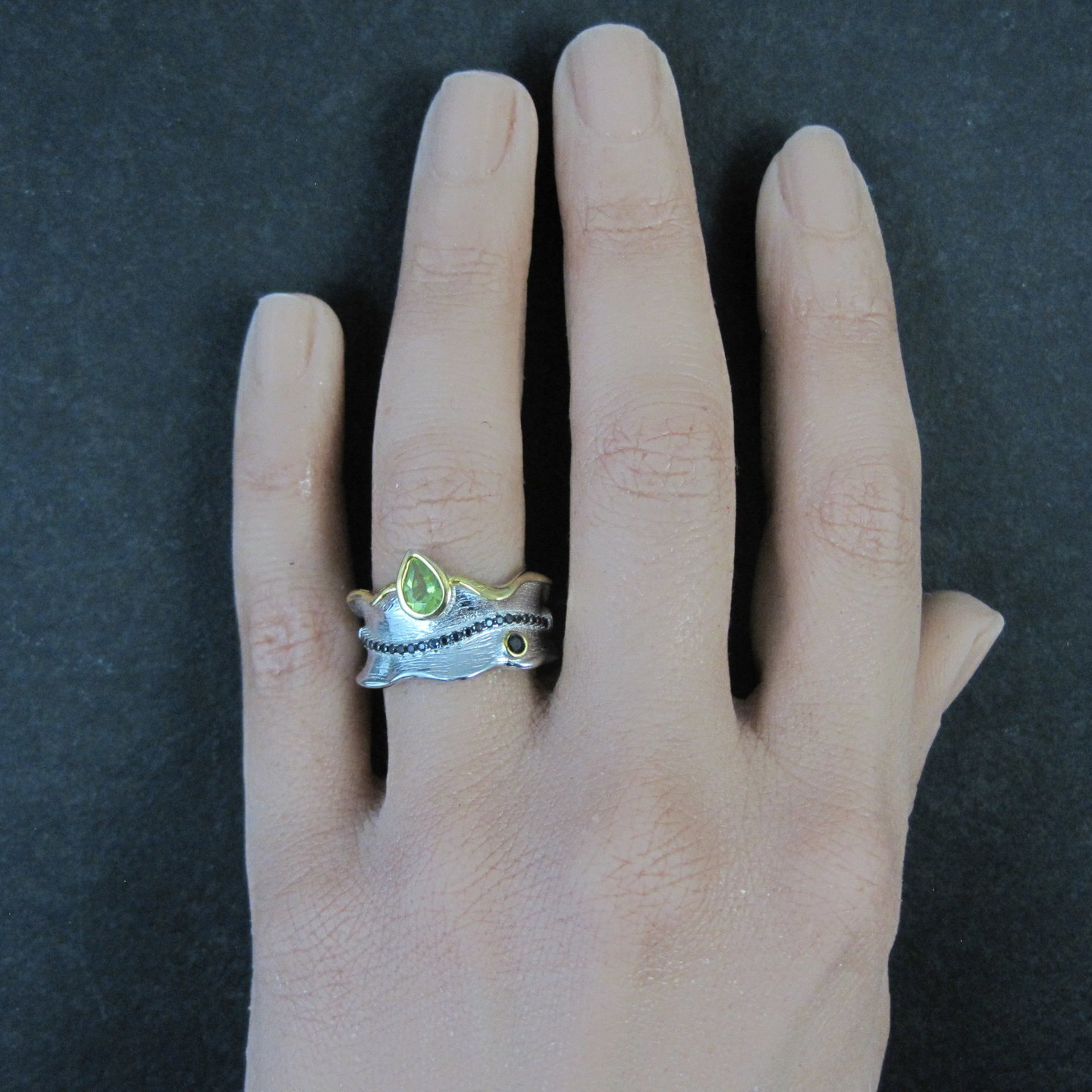 Unique Peridot & Black Spinel Ring Size 7 Sterling Silver & Vermeil