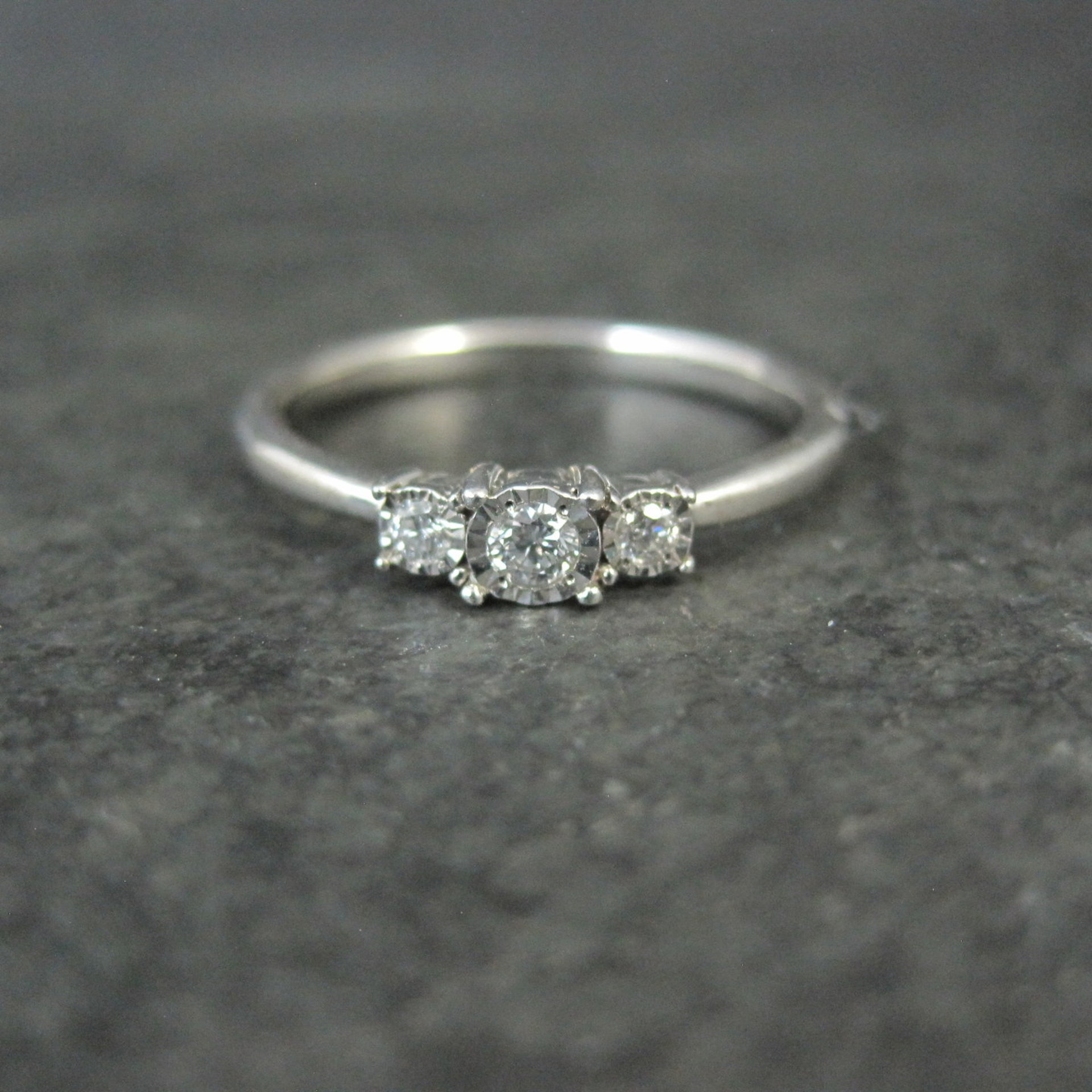 Dainty Sterling Silver 3 Stone Diamond Ring Size 8 