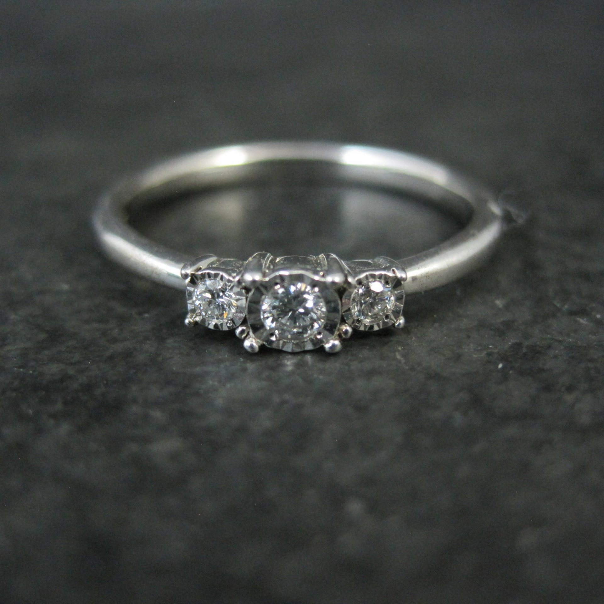 Dainty Sterling Silver 3 Stone Diamond Ring Size 8 