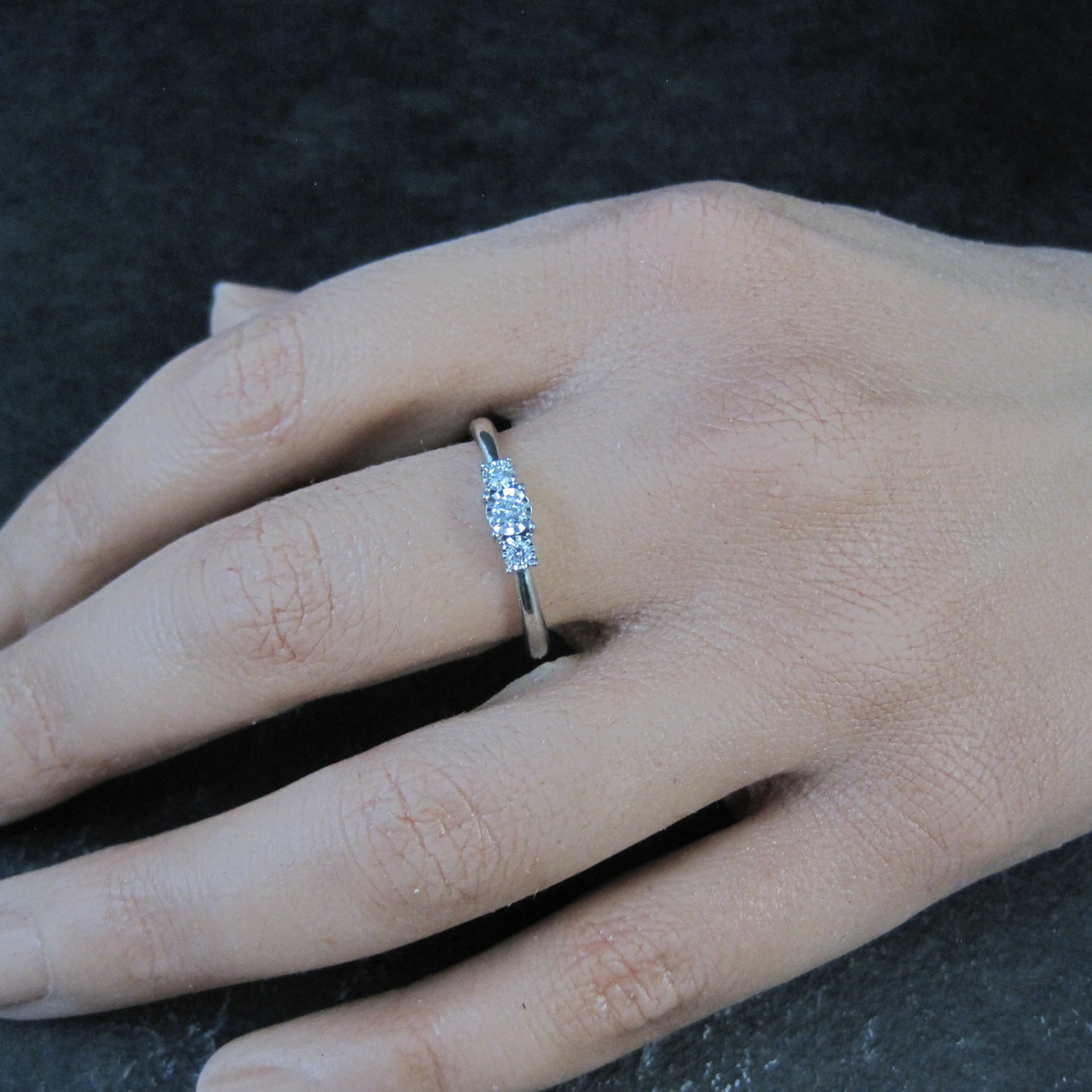 Dainty Sterling Silver 3 Stone Diamond Ring Size 8 